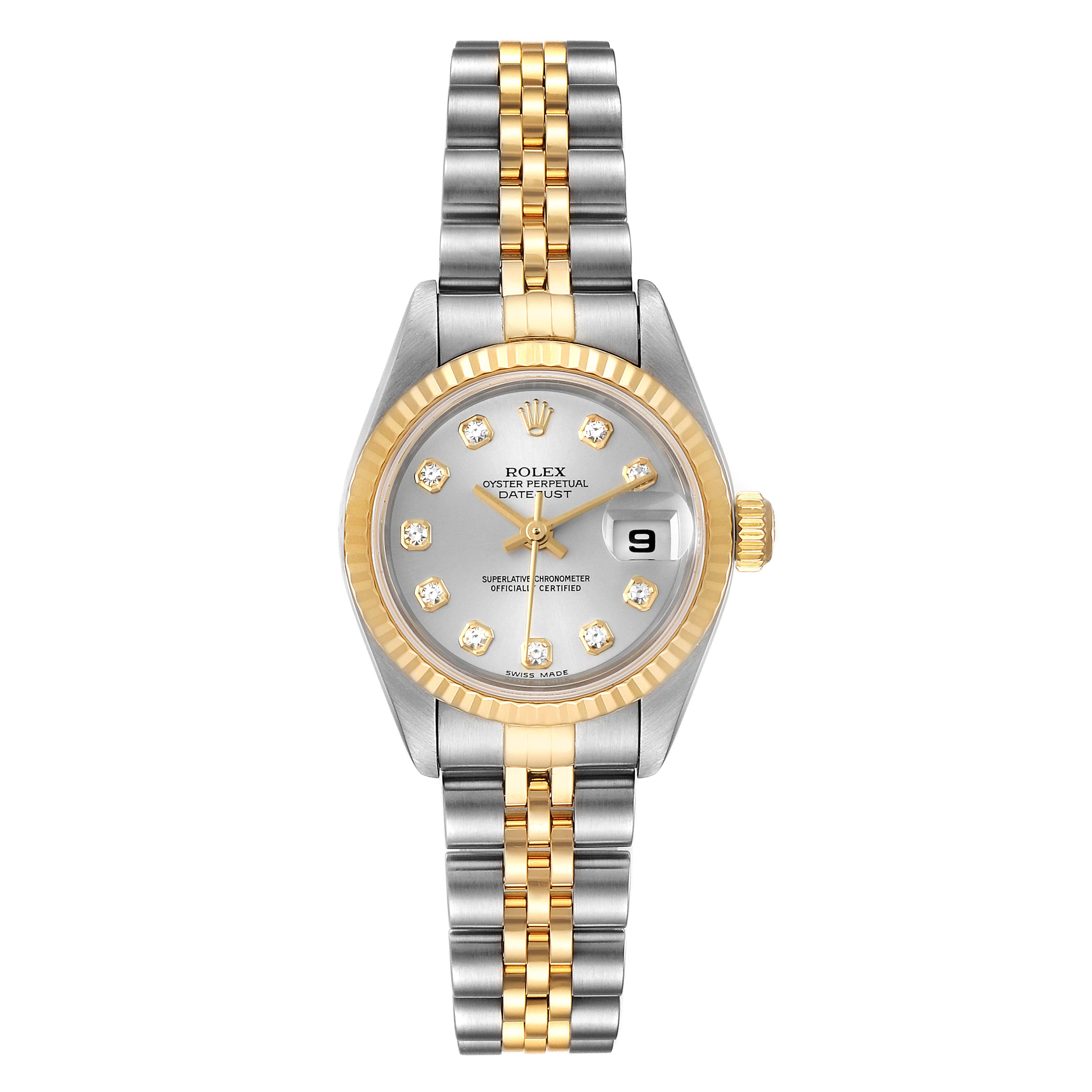 The image shows a front view of a Rolex Datejust 79173 Women's Steel and Gold (two tone) Silver Dial 79173 Women's Steel and Gold (two tone) Silver Dial watch, featuring a gold and silver bracelet, diamond markers, and a date window.