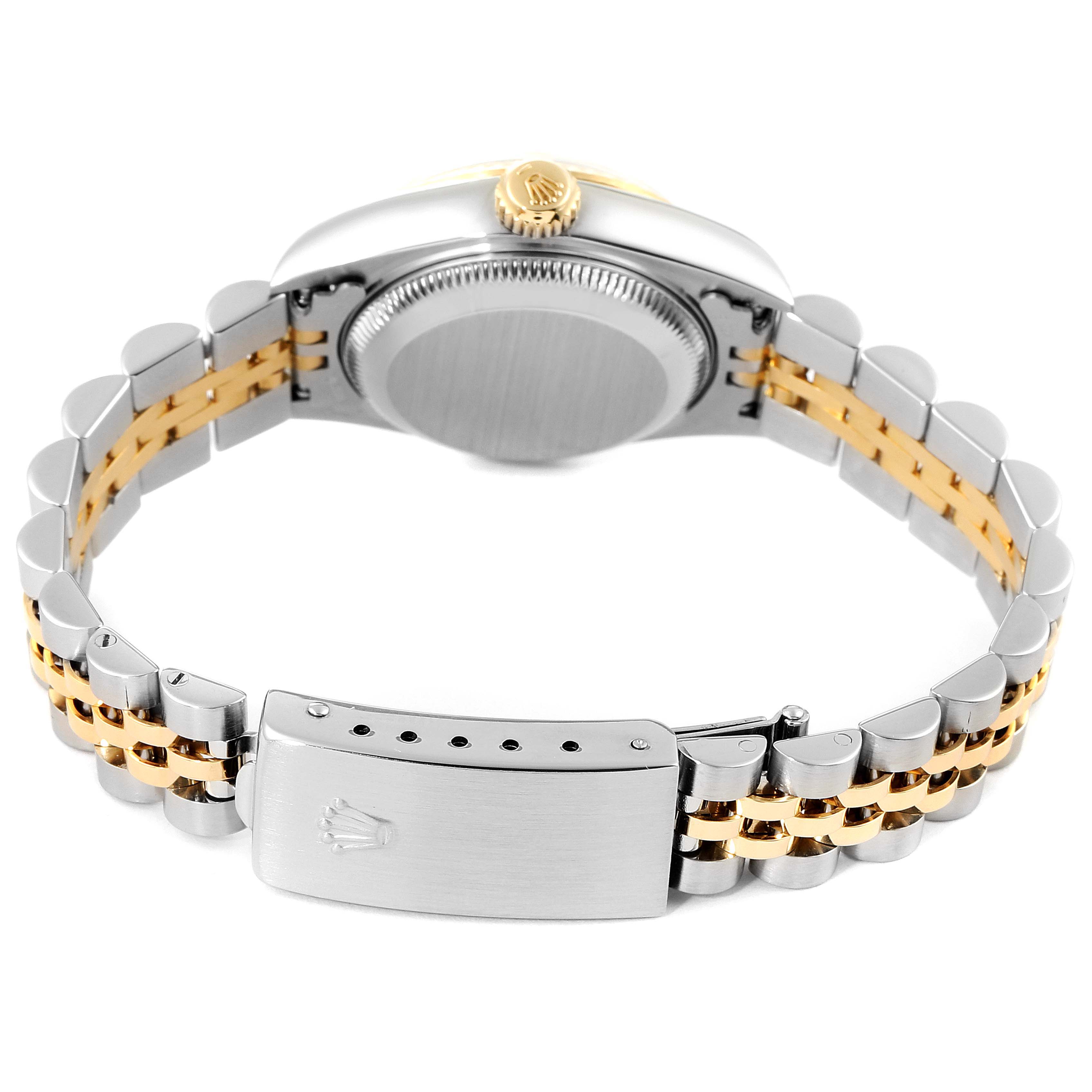 The image shows the back of a Rolex Datejust 79173 Women's Steel and Gold (two tone) Silver Dial 79173 Women's Steel and Gold (two tone) Silver Dial watch, highlighting the Jubilee bracelet and the clasp.