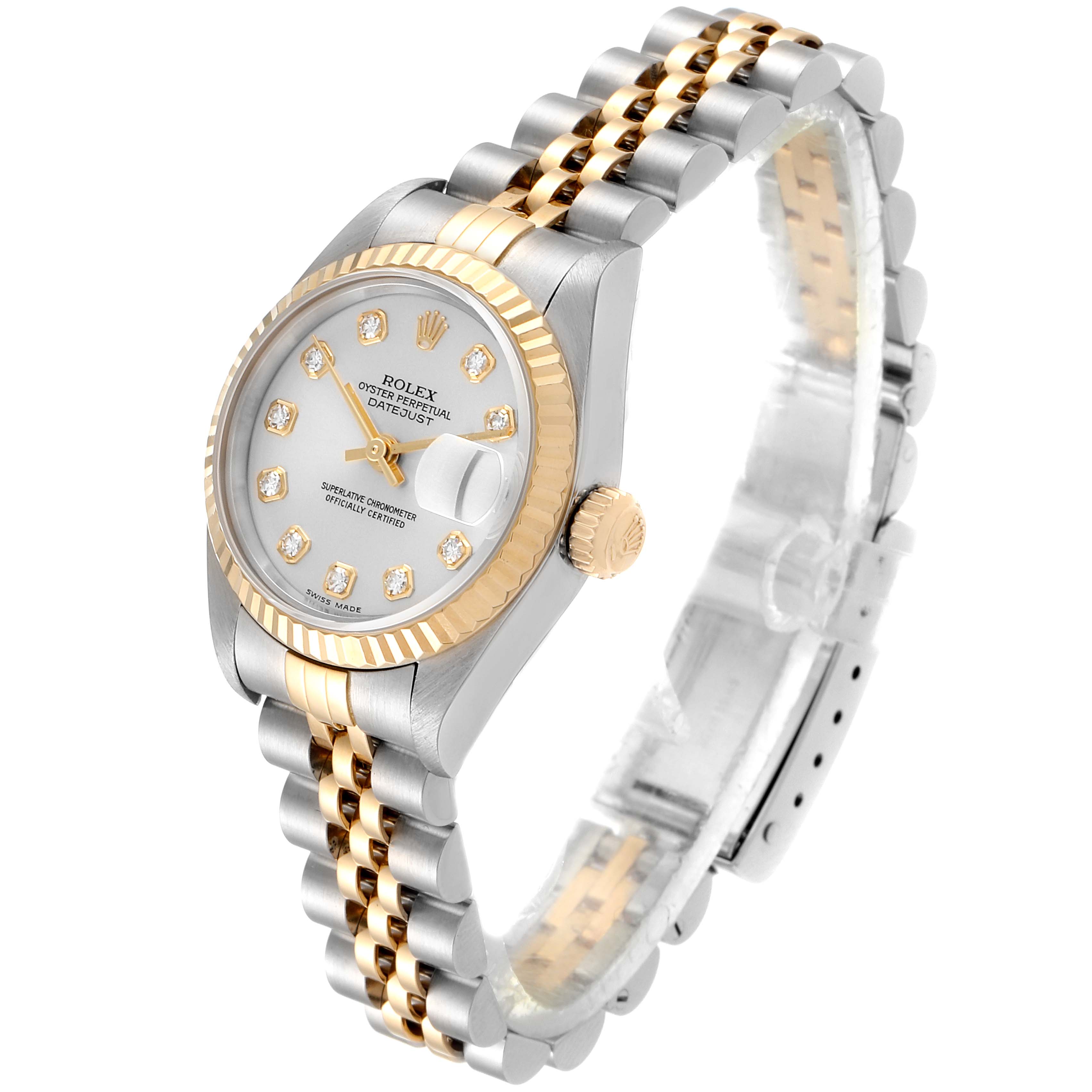 The image shows a Rolex Datejust 79173 Women's Steel and Gold (two tone) Silver Dial 79173 Women's Steel and Gold (two tone) Silver Dial watch at a three-quarter angle, highlighting its two-tone bracelet, fluted bezel, and diamond markers.