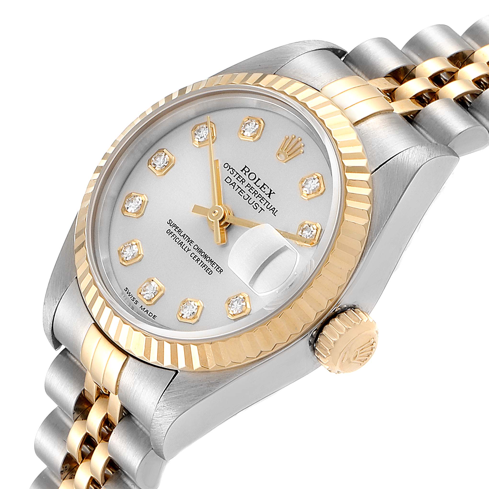 The image shows a Rolex Datejust 79173 Women's Steel and Gold (two tone) Silver Dial 79173 Women's Steel and Gold (two tone) Silver Dial watch from a slightly angled top view, highlighting its face, bezel, and bracelet.