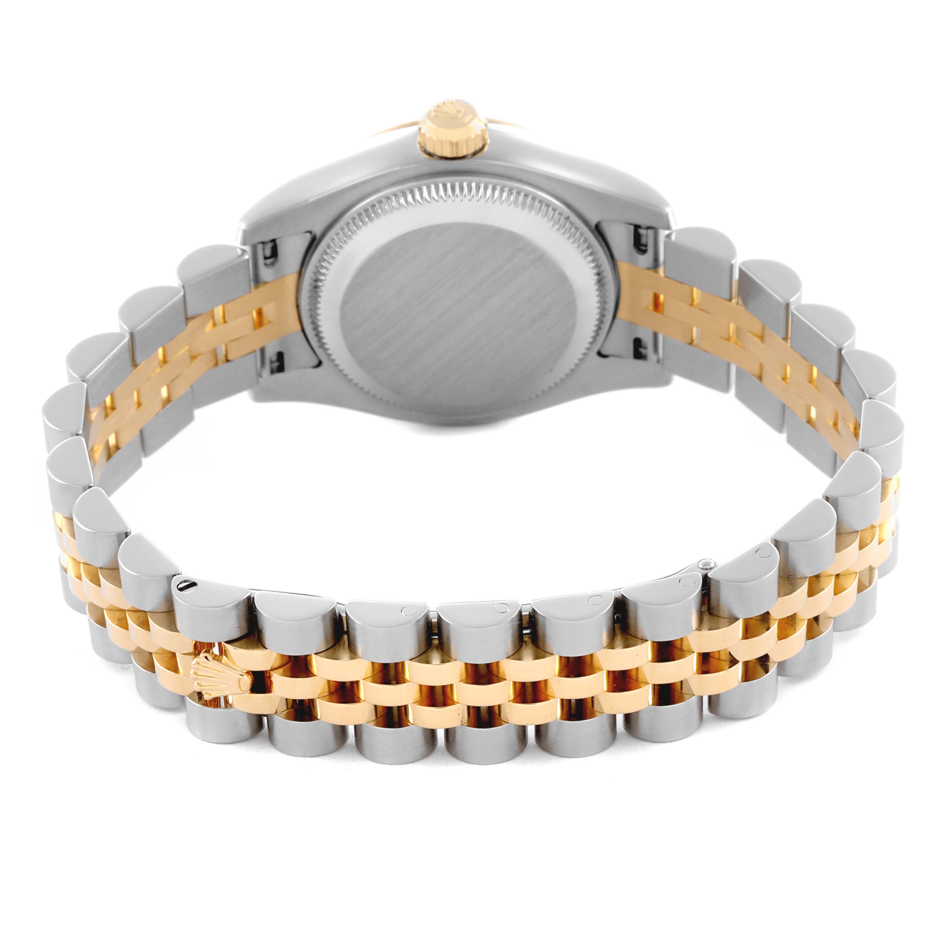 The image shows a Rolex Datejust 179173 Women's Steel and Gold (two tone) Silver Dial 179173 Women's Steel and Gold (two tone) Silver Dial watch from the back, highlighting the case back and two-tone bracelet.