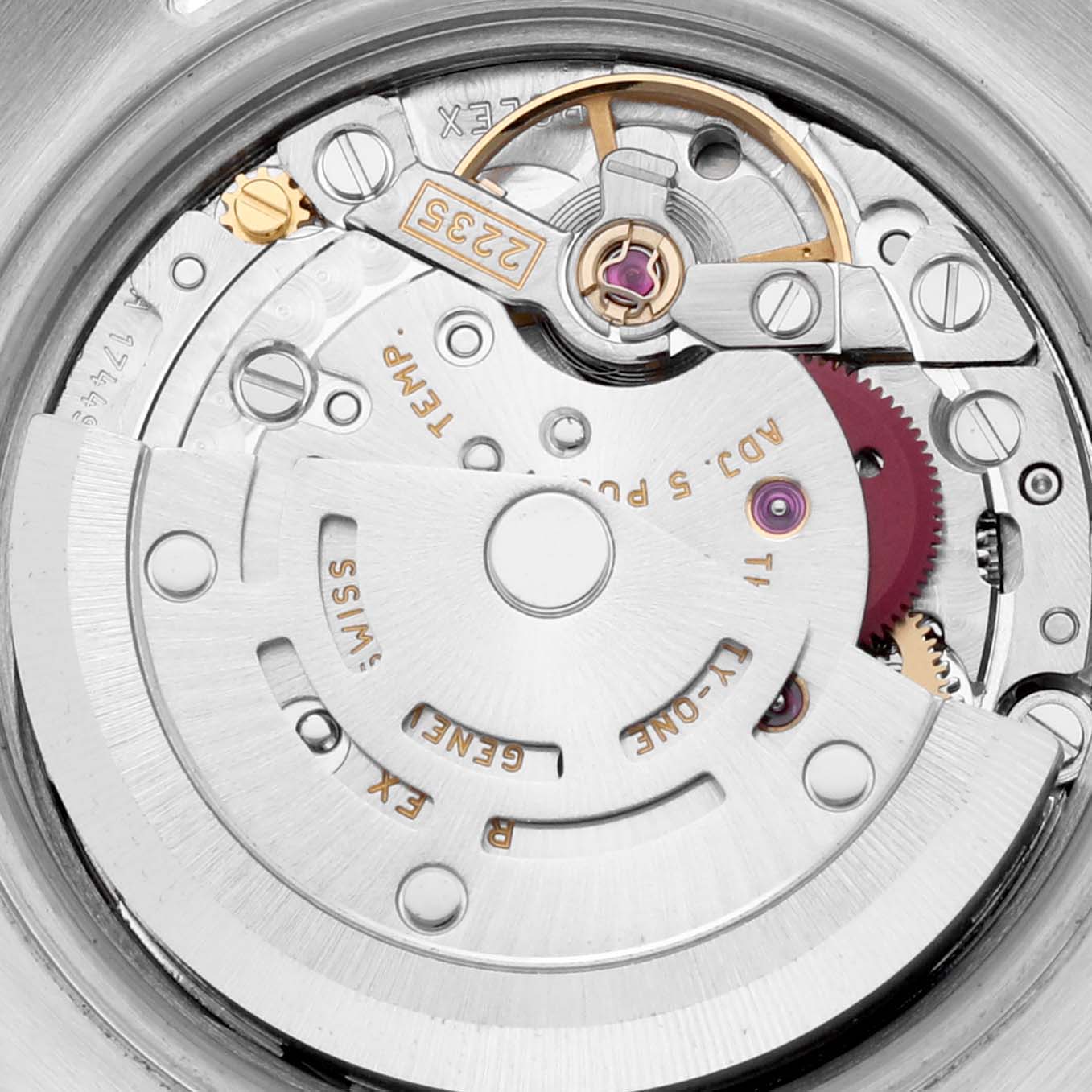 This close-up image of the Rolex Datejust 179173 Women's Steel and Gold (two tone) Silver Dial 179173 Women's Steel and Gold (two tone) Silver Dial shows the intricate mechanical movement components.