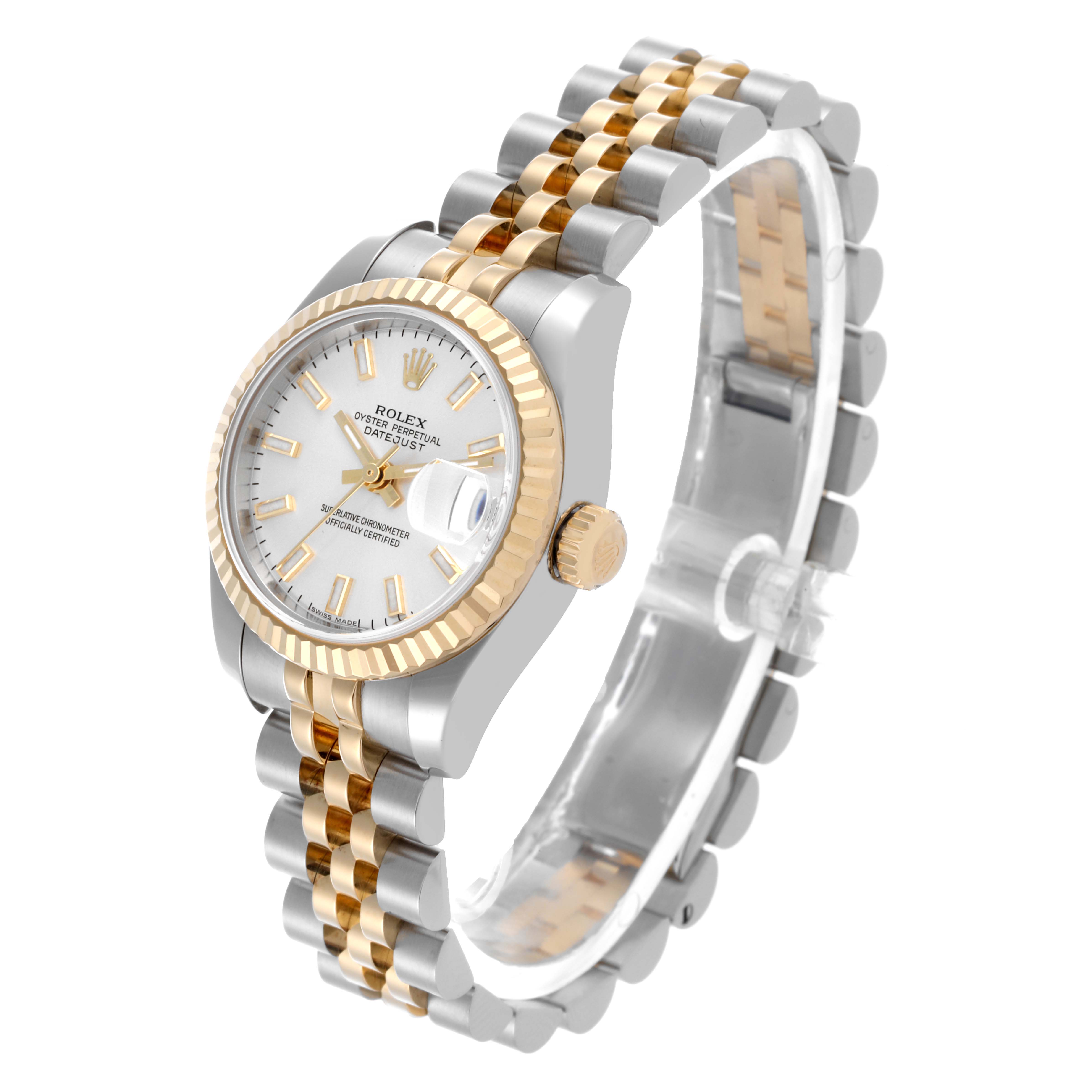 The Rolex Datejust 179173 Women's Steel and Gold (two tone) Silver Dial 179173 Women's Steel and Gold (two tone) Silver Dial watch is shown at an angled view highlighting the dial, bezel, crown, and the two-tone bracelet.