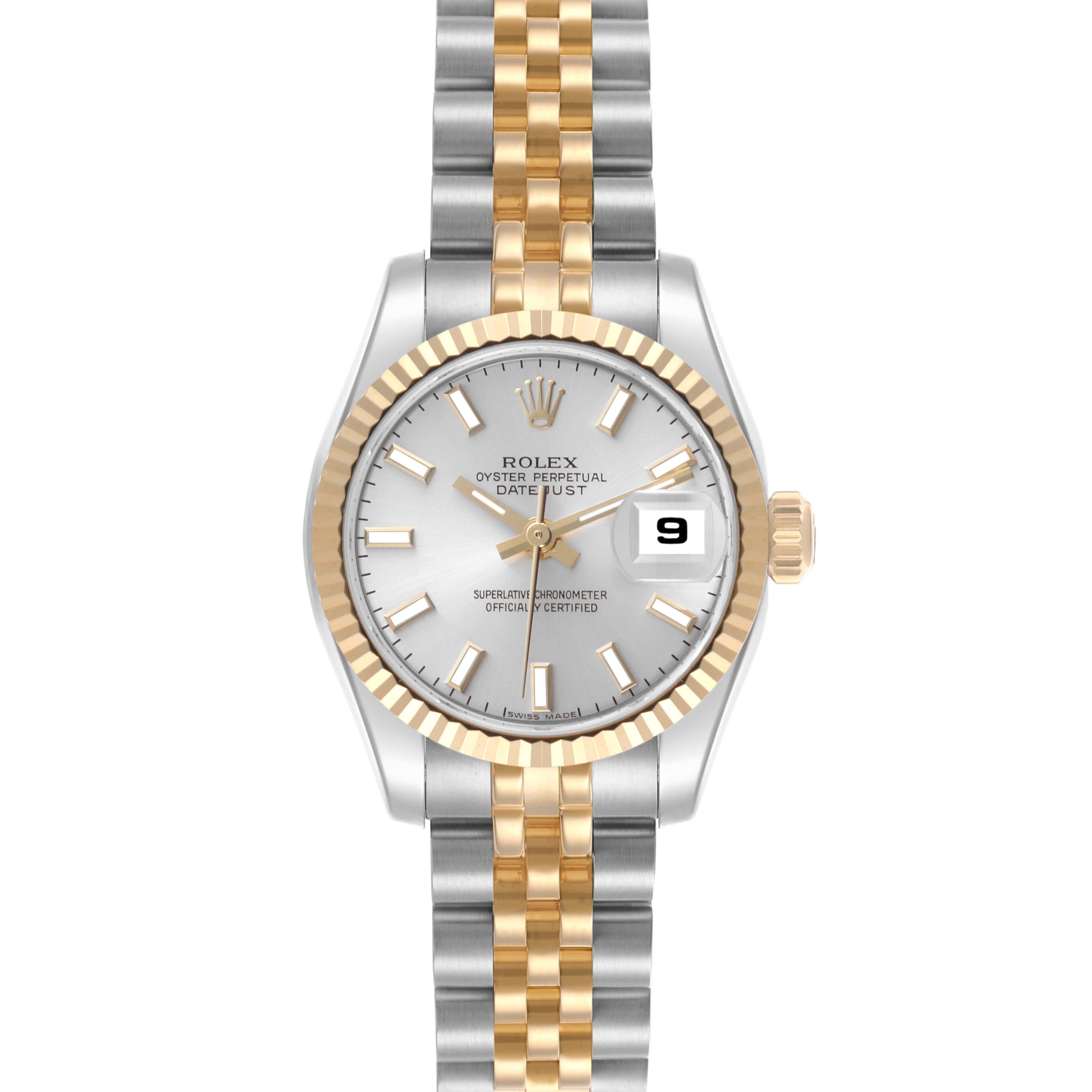 The image shows a front view of a Rolex Datejust 179173 Women's Steel and Gold (two tone) Silver Dial 179173 Women's Steel and Gold (two tone) Silver Dial watch, displaying the face, two-tone bezel, and Jubilee bracelet.