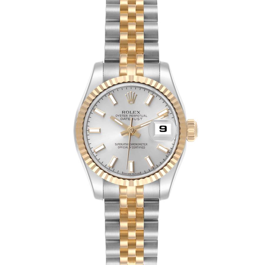 The image shows a front view of a Rolex Datejust watch, displaying the face, two-tone bezel, and Jubilee bracelet.