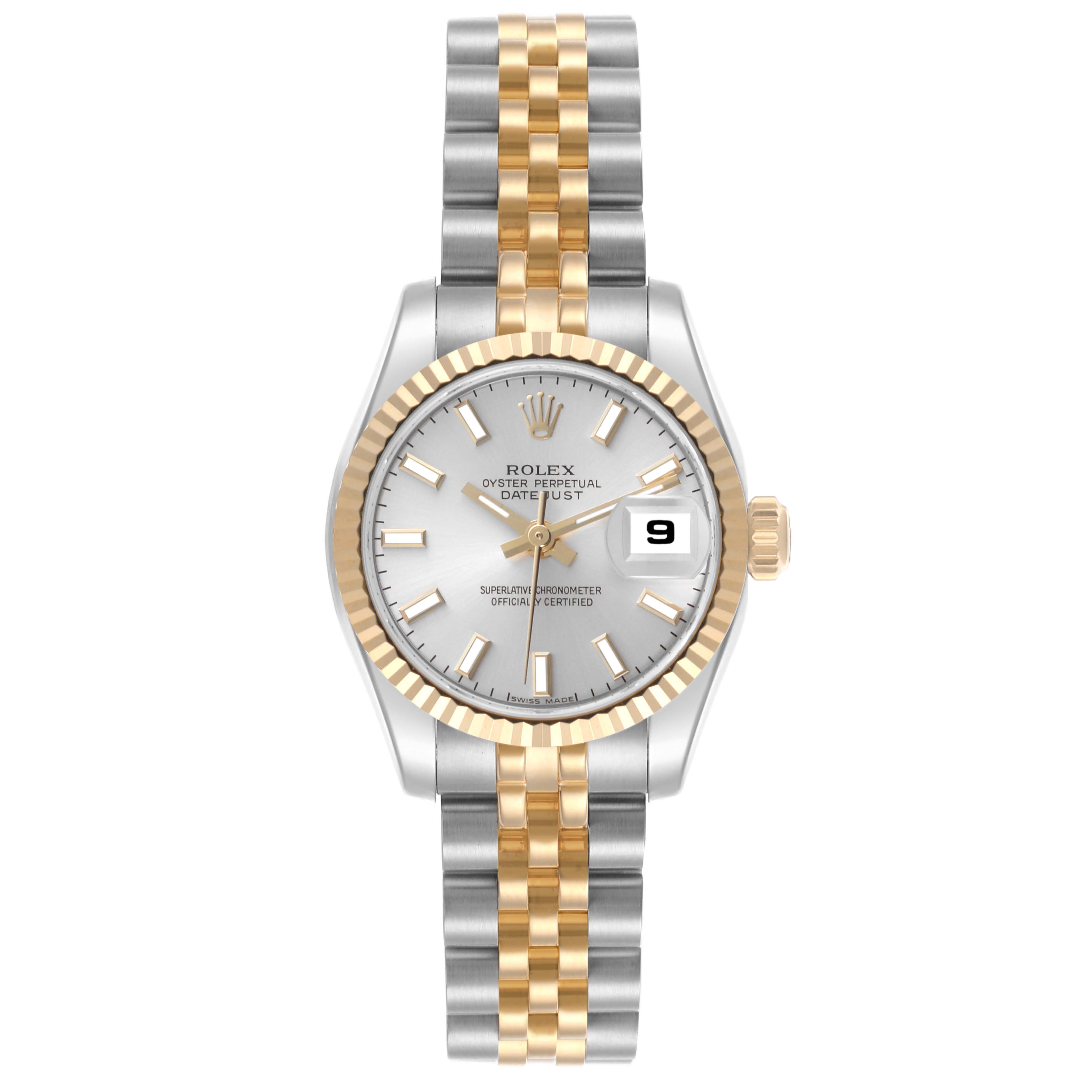 The Rolex Datejust 179173 Women's Steel and Gold (two tone) Silver Dial 179173 Women's Steel and Gold (two tone) Silver Dial is shown from a top view, featuring the face, case, fluted bezel, and Jubilee bracelet.