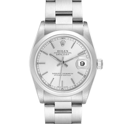 The Rolex Datejust Mid-Size is shown from the front, displaying its dial, bezel, bracelet, and crown.