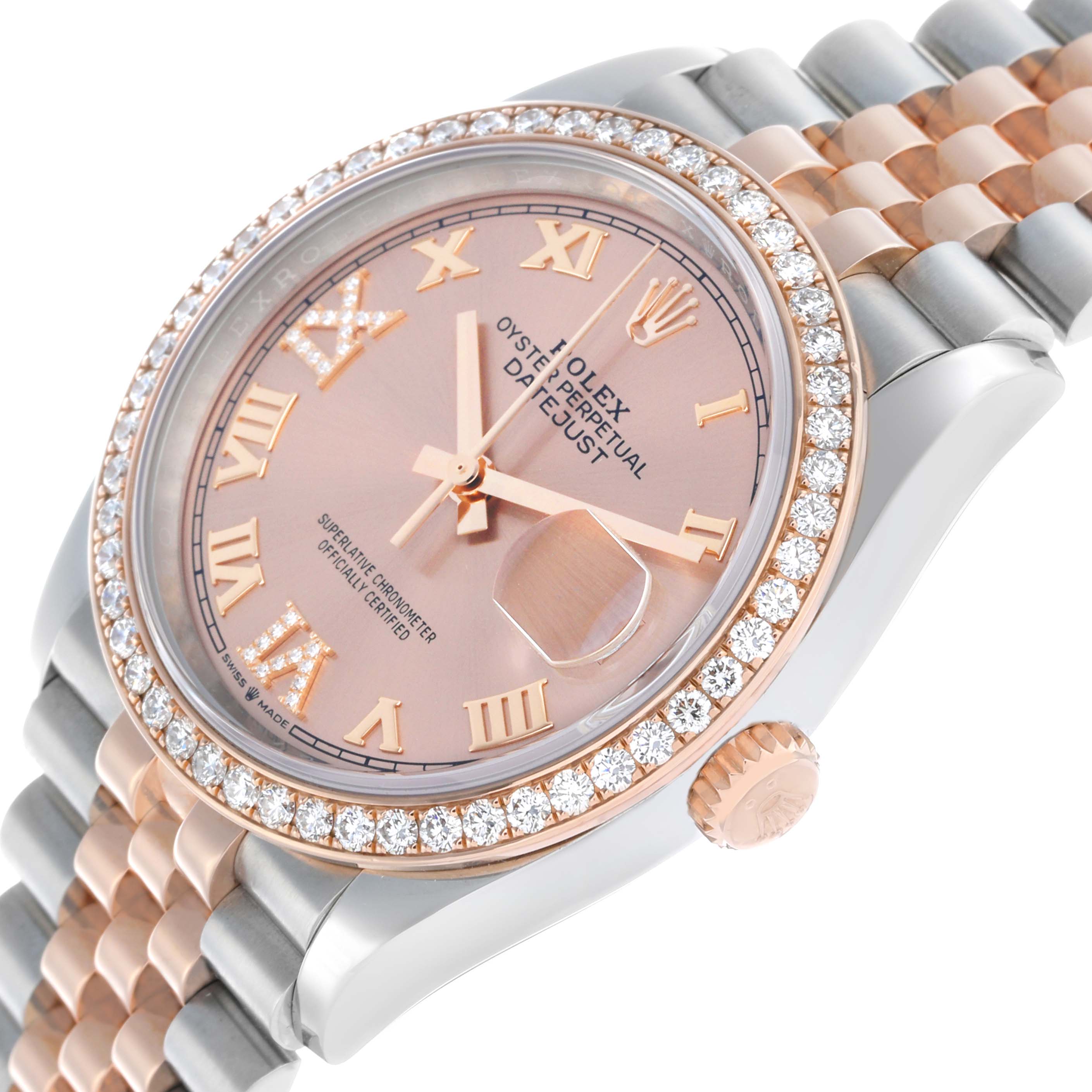 The Rolex Datejust 126281 Men's Steel and Gold (two tone) Pink Dial watch is shown at a slight angle, displaying the face, bezel, crown, and part of the bracelet.