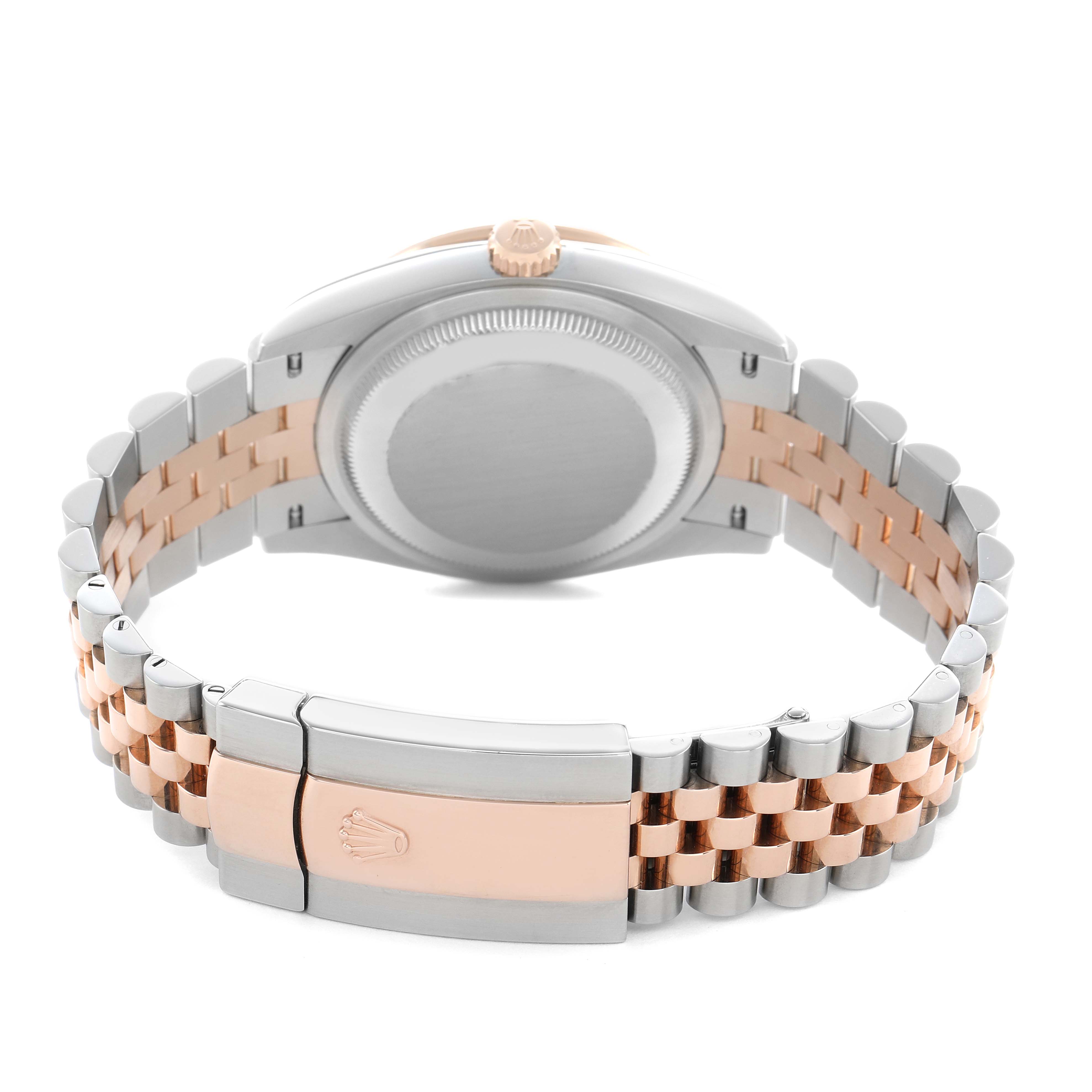 The Rolex Datejust 126281 Men's Steel and Gold (two tone) Pink Dial watch is shown from the back, highlighting the clasp, bracelet, and case back.
