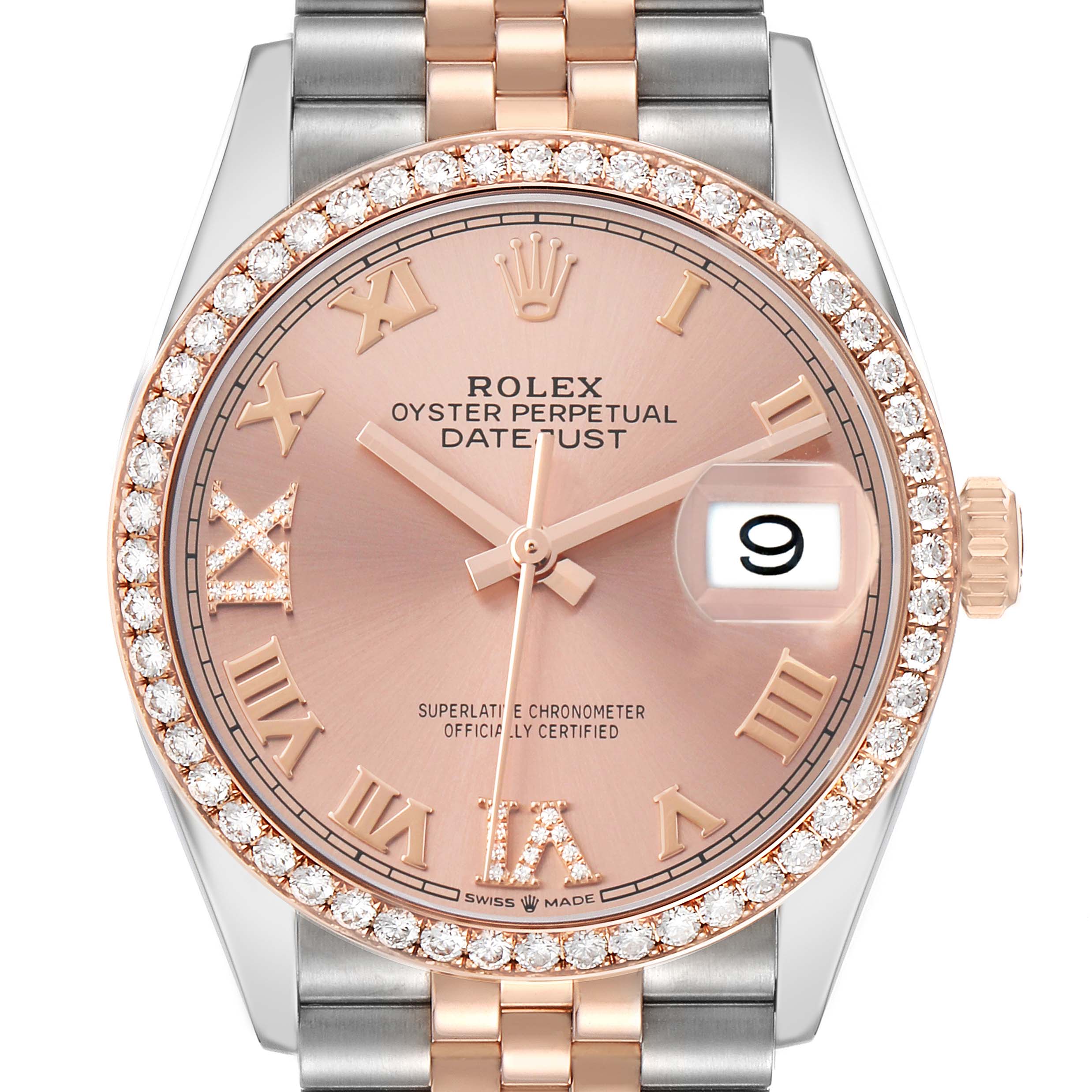The image shows a Rolex Datejust 126281 Men's Steel and Gold (two tone) Pink Dial watch from a front angle, highlighting its rose dial, diamond bezel, and two-tone bracelet.
