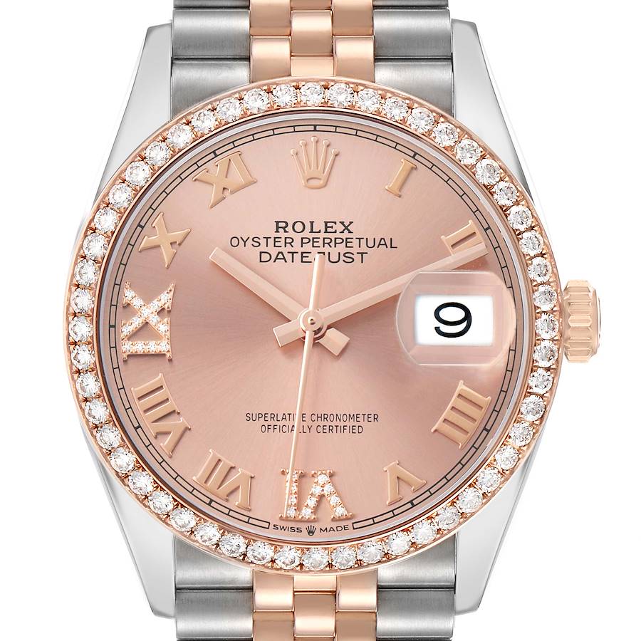 The image shows a Rolex Datejust 126281 Men's Steel and Gold (two tone) Pink Dial watch from a front angle, highlighting its rose dial, diamond bezel, and two-tone bracelet.