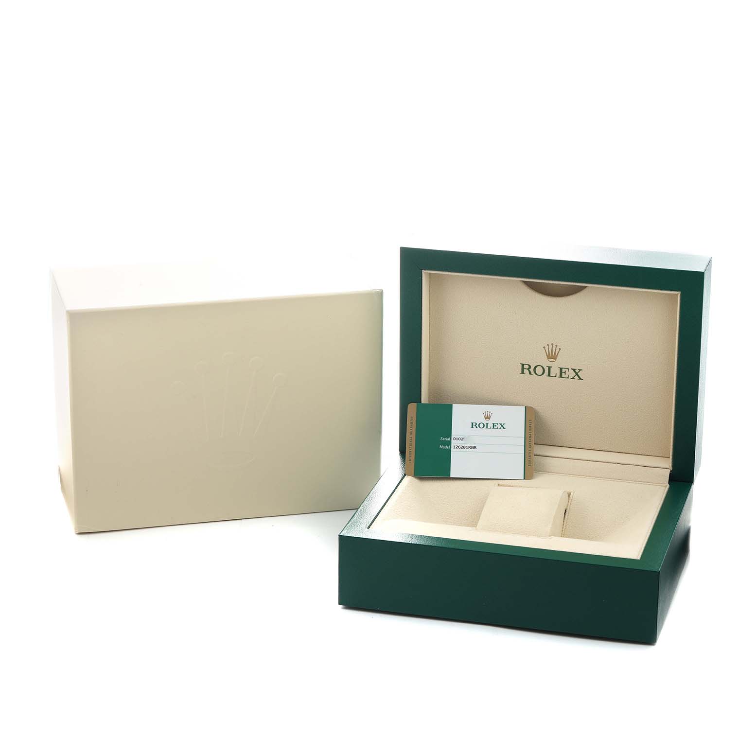 The image shows the packaging and open box for the Rolex Datejust 126281 Men's Steel and Gold (two tone) Pink Dial, including the external box, interior box, and authenticity card.