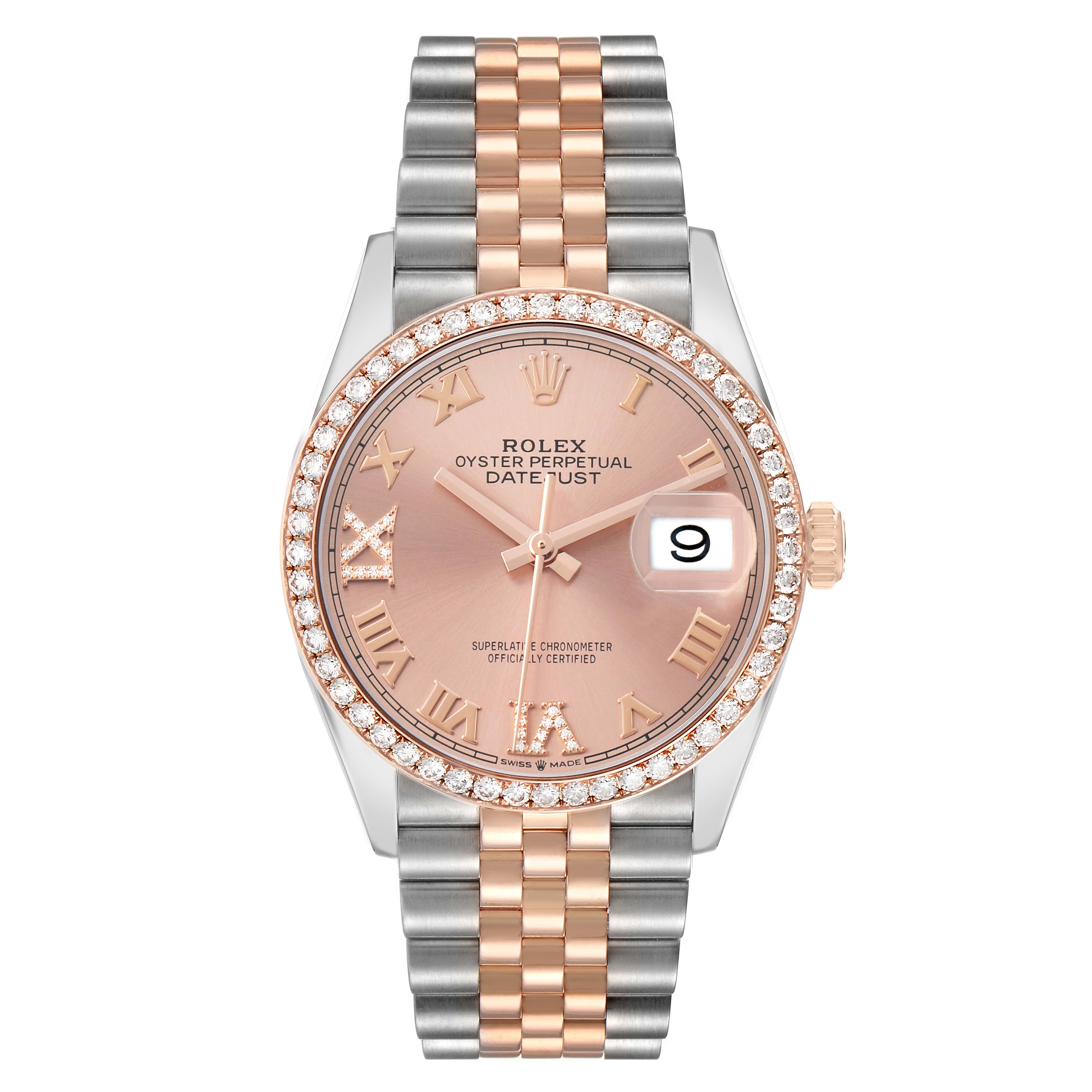 The image shows a front view of a Rolex Datejust 126281 Men's Steel and Gold (two tone) Pink Dial watch, highlighting its rose dial, diamond bezel, and two-tone bracelet.
