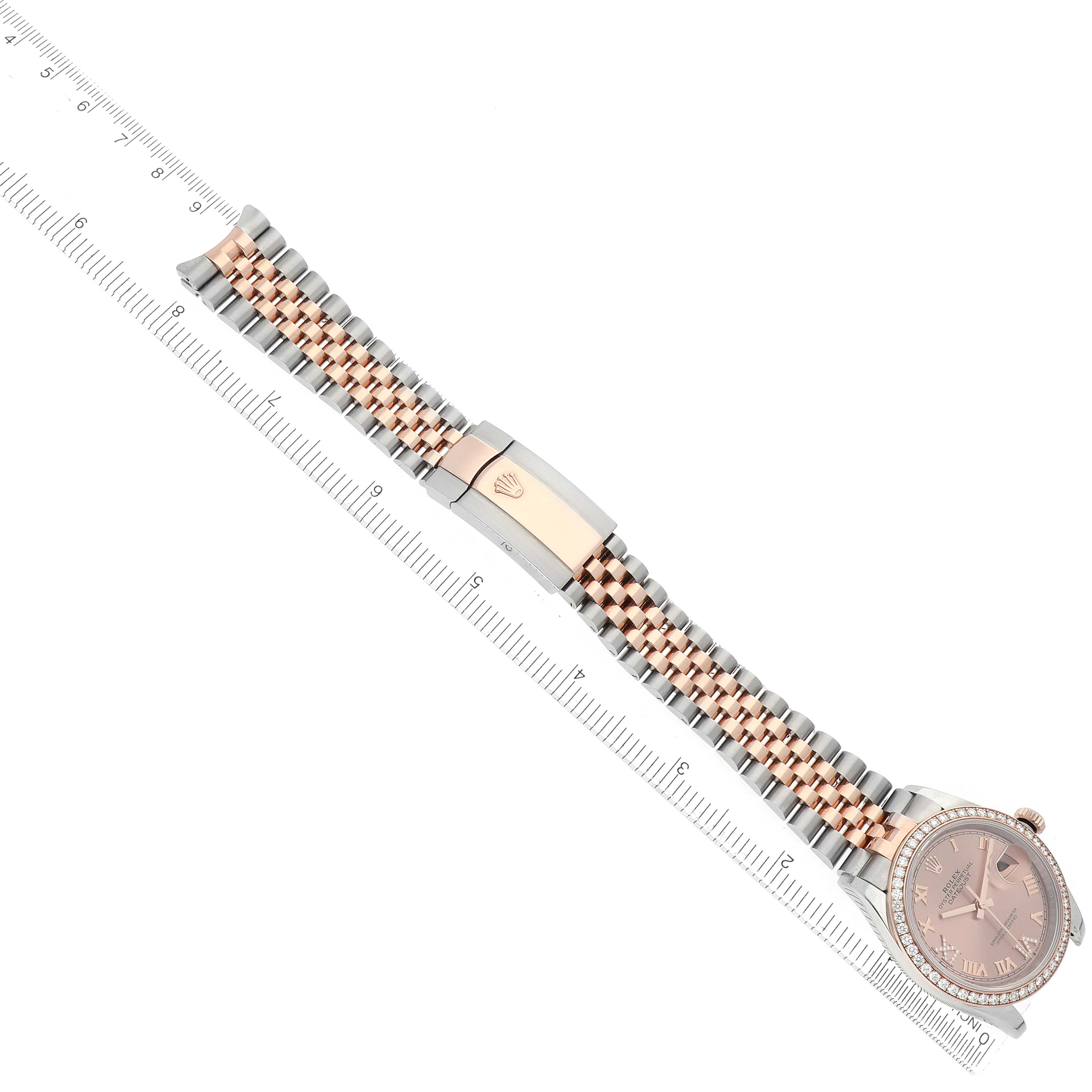 The Rolex Datejust 126281 Men's Steel and Gold (two tone) Pink Dial watch is shown from a top-down angle, displaying the face, bezel, and two-tone bracelet.