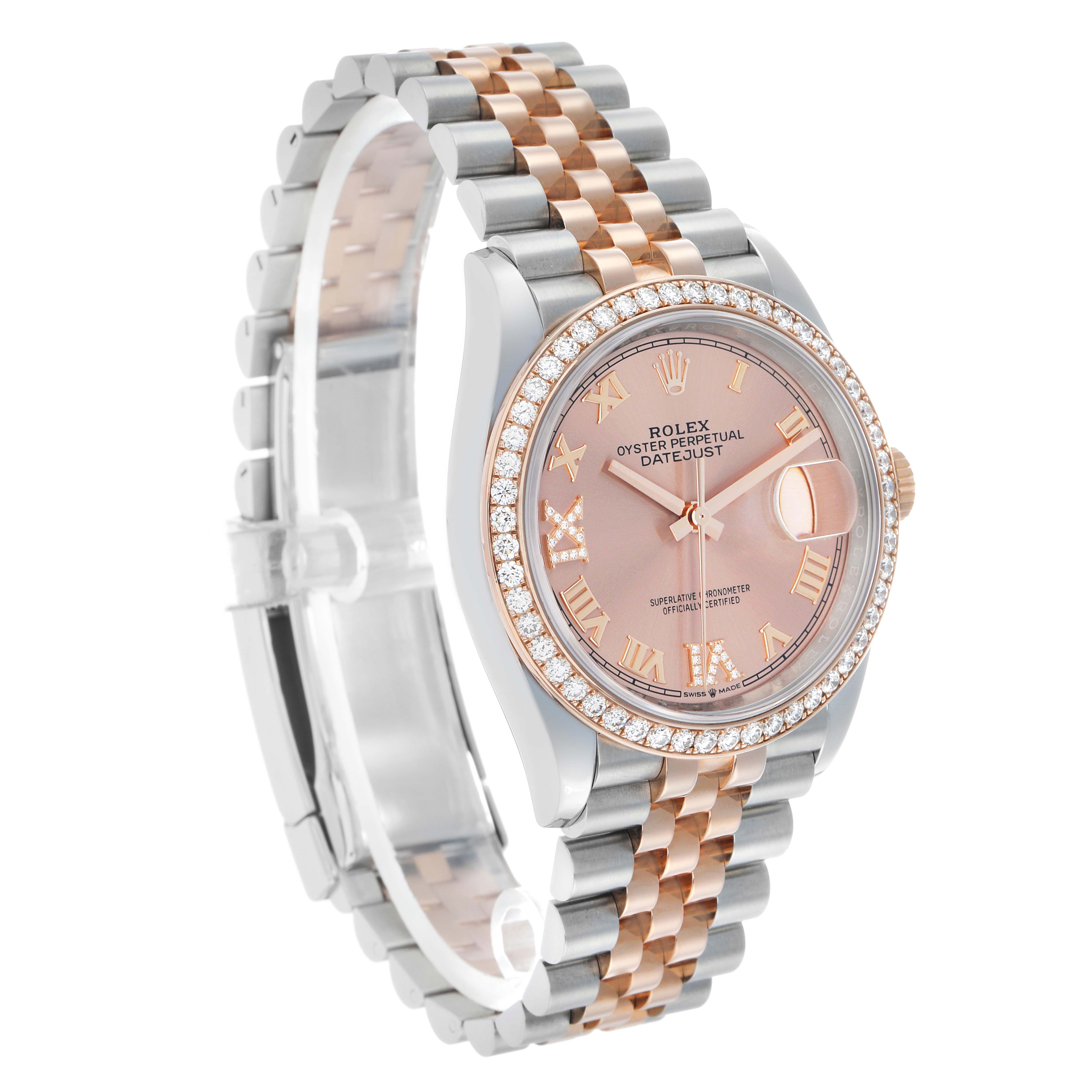 The Rolex Datejust 126281 Men's Steel and Gold (two tone) Pink Dial watch is shown at a three-quarter angle, highlighting the face, bezel, and two-tone bracelet.