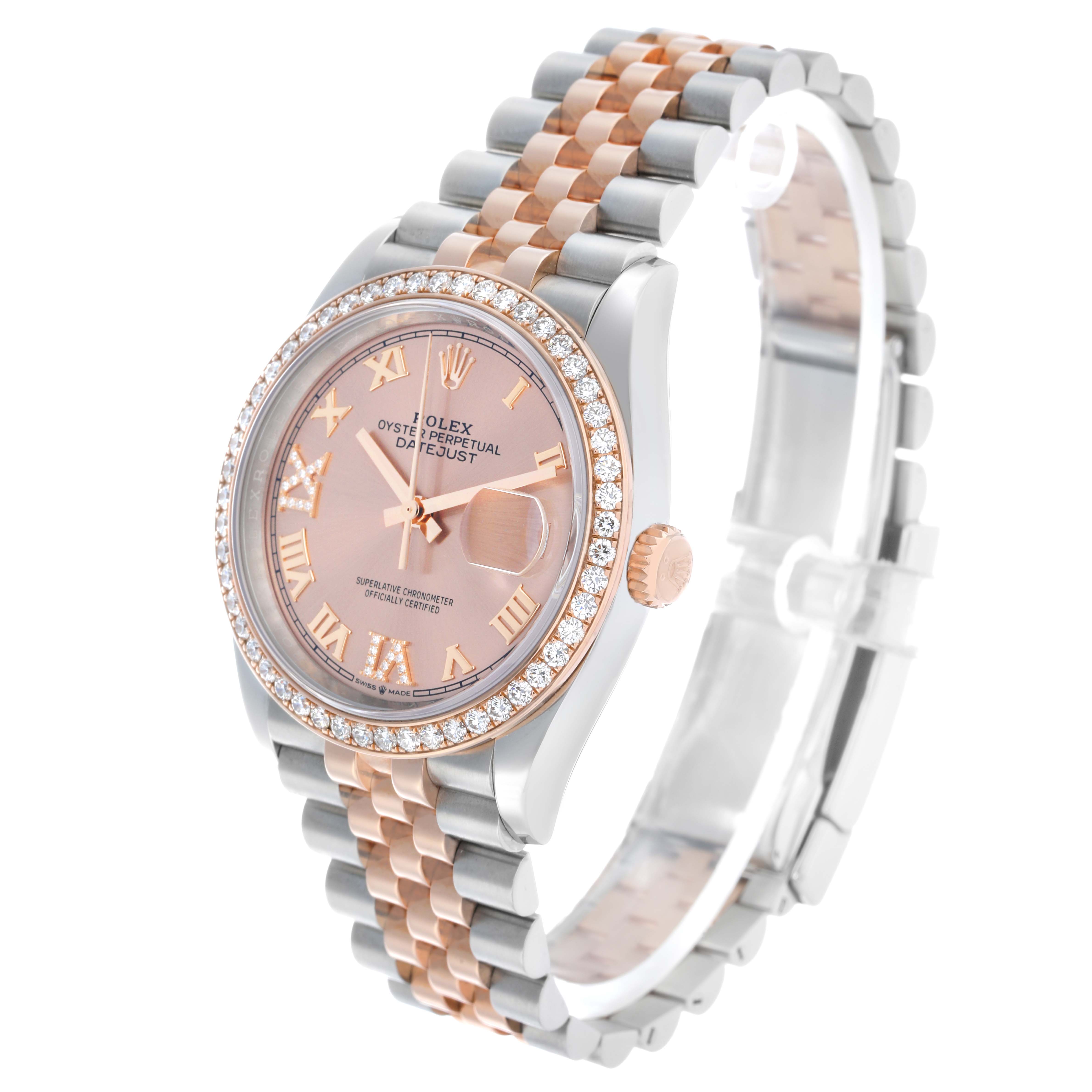The Rolex Datejust 126281 Men's Steel and Gold (two tone) Pink Dial watch is shown at an angle highlighting the face, fluted bezel, and Jubilee bracelet.