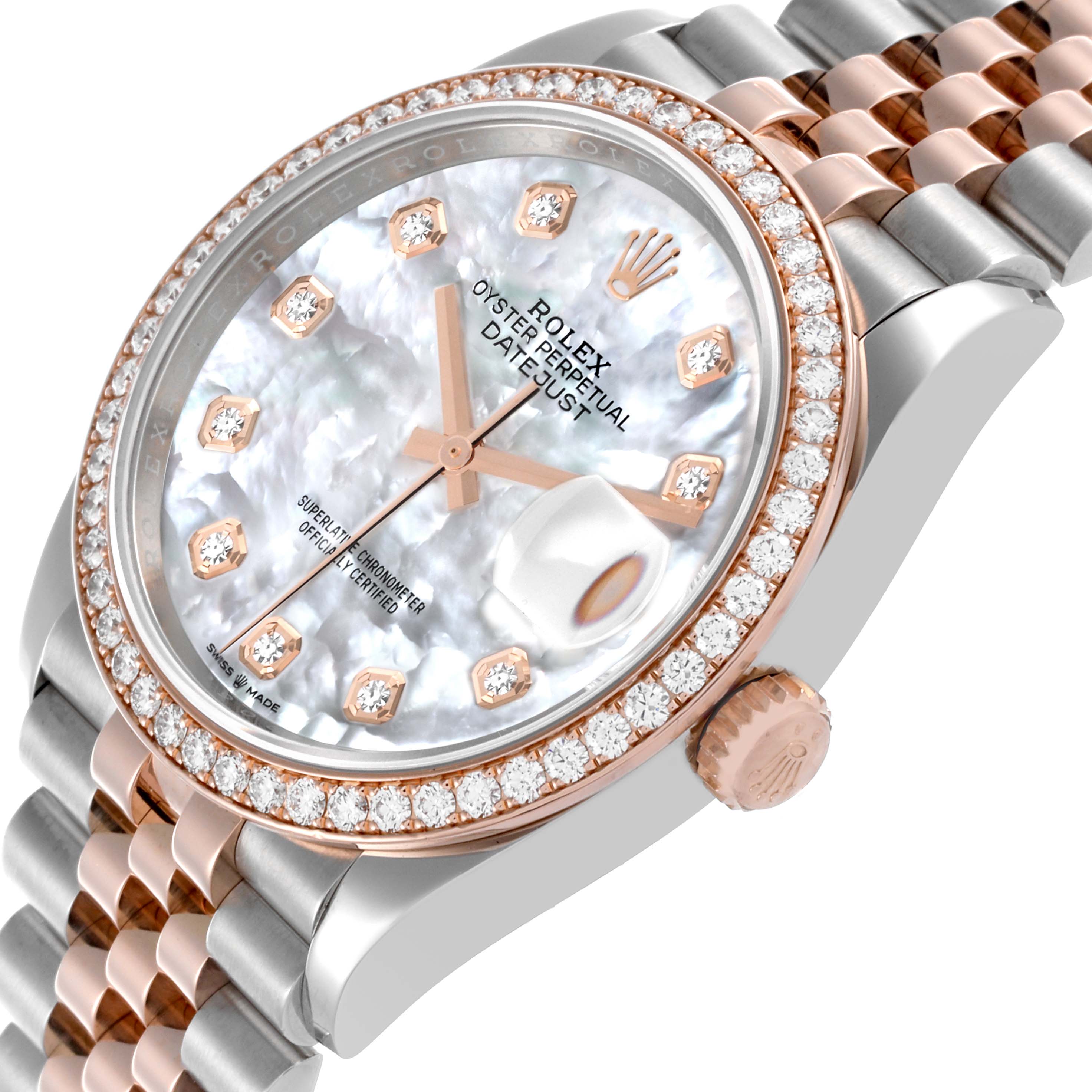 The Rolex Datejust 126281RBR Men's Steel and Gold (two tone) Mother of Pearl Dial 126281RBR Men's Steel and Gold (two tone) Mother of Pearl Dial watch is shown at a slight angle, featuring the face, bezel, crown, and part of the bracelet.