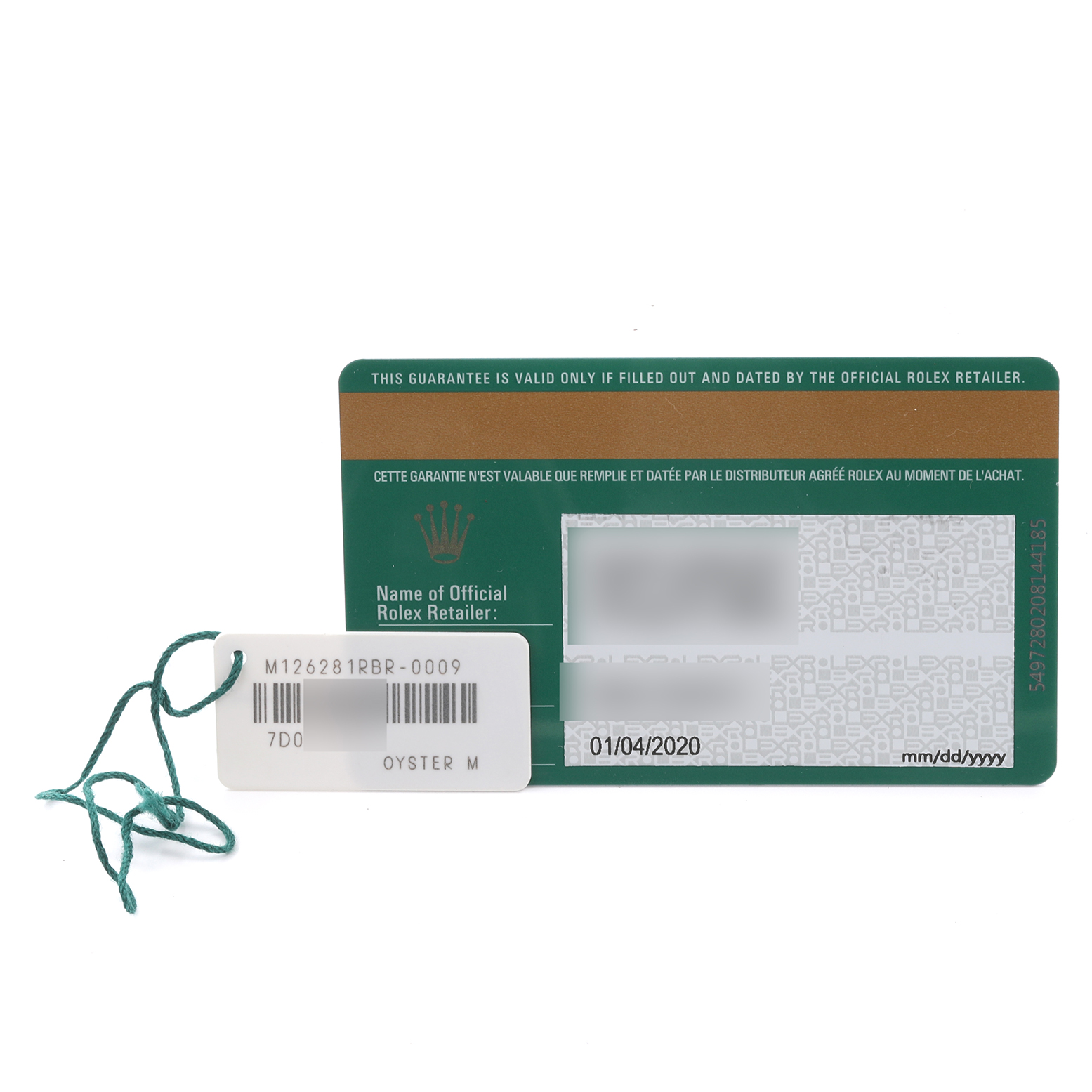 The image shows a Rolex Datejust 126281RBR Men's Steel and Gold (two tone) Mother of Pearl Dial 126281RBR Men's Steel and Gold (two tone) Mother of Pearl Dial model guarantee card and a tag with a serial number.