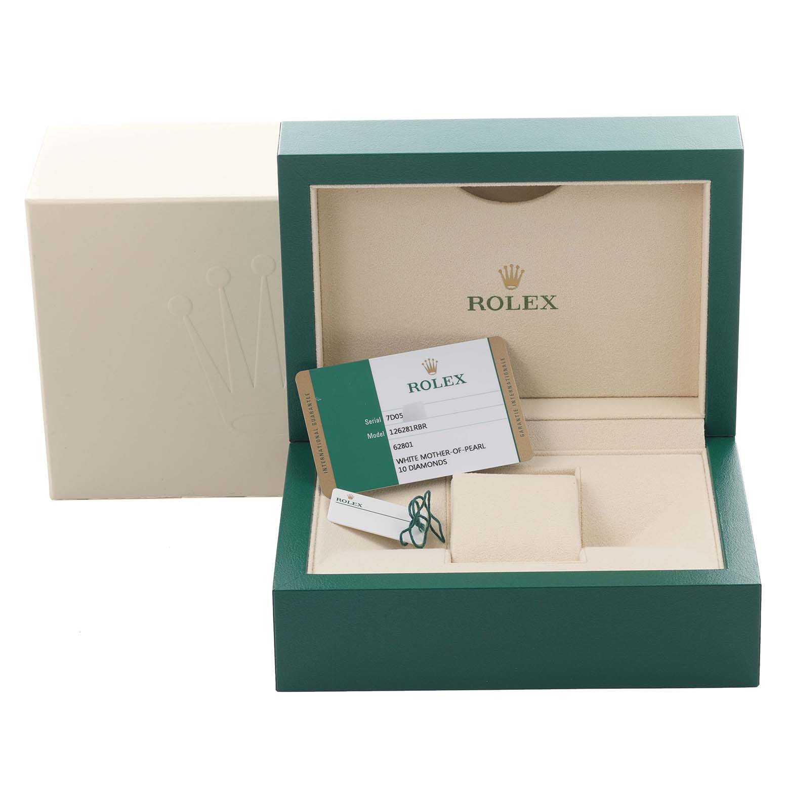 The image shows an open Rolex Datejust 126281RBR Men's Steel and Gold (two tone) Mother of Pearl Dial 126281RBR Men's Steel and Gold (two tone) Mother of Pearl Dial box displaying a card and tags, viewed from the front.
