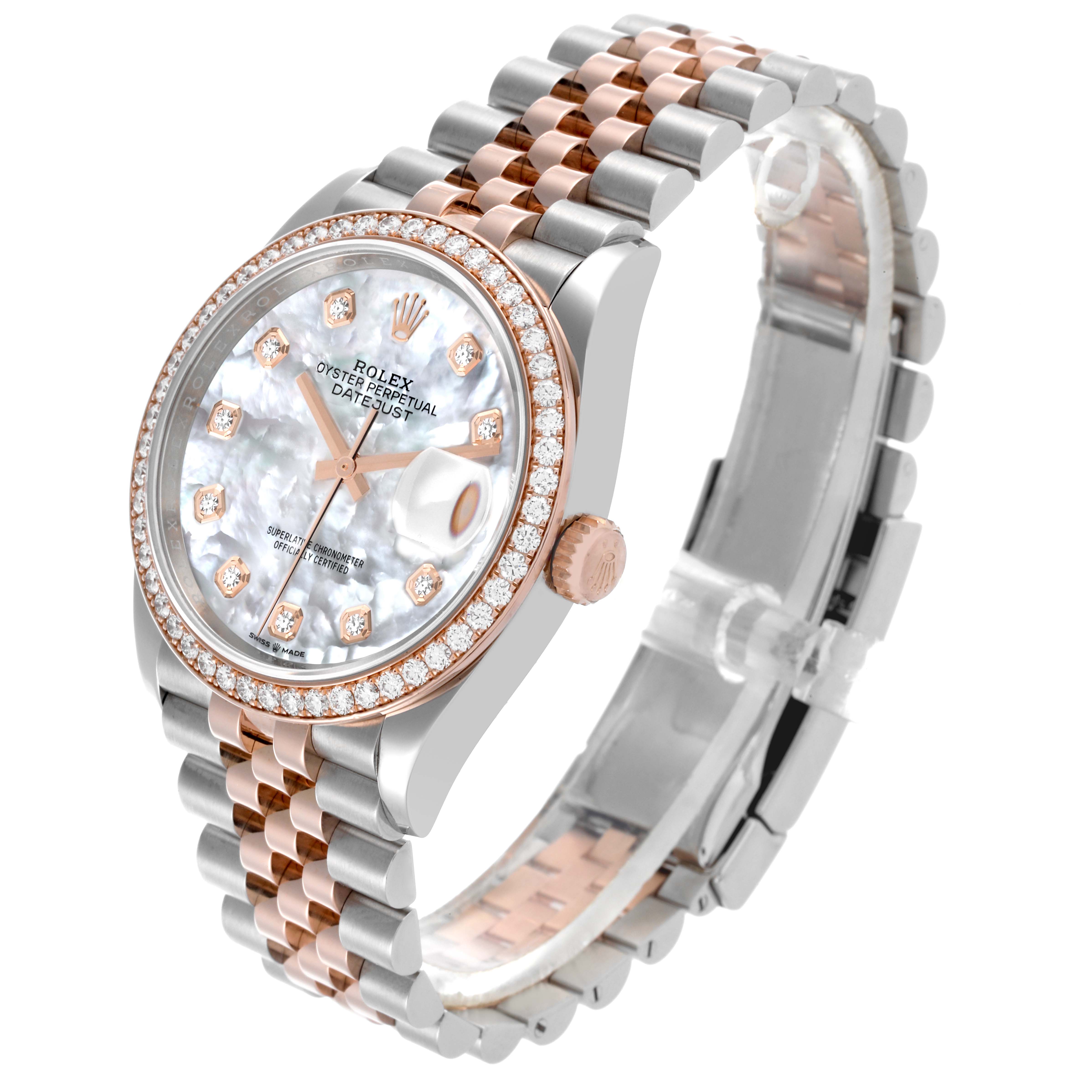 The Rolex Datejust 126281RBR Men's Steel and Gold (two tone) Mother of Pearl Dial 126281RBR Men's Steel and Gold (two tone) Mother of Pearl Dial watch is shown at a three-quarter angle, highlighting the face, bezel, crown, and bracelet.