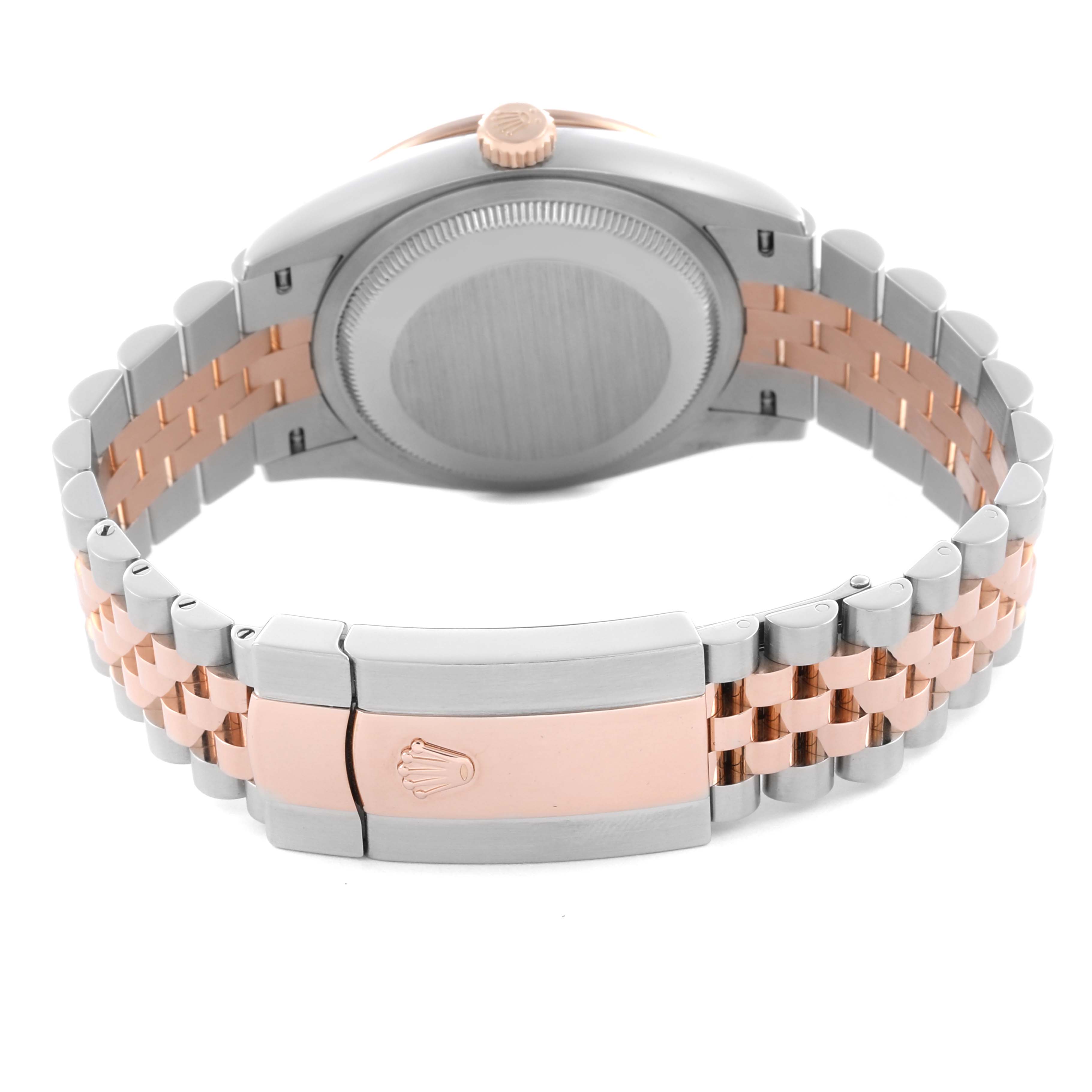 The image shows the back of a Rolex Datejust 126281RBR Men's Steel and Gold (two tone) Mother of Pearl Dial 126281RBR Men's Steel and Gold (two tone) Mother of Pearl Dial watch, highlighting the case back and bi-color bracelet with clasp.