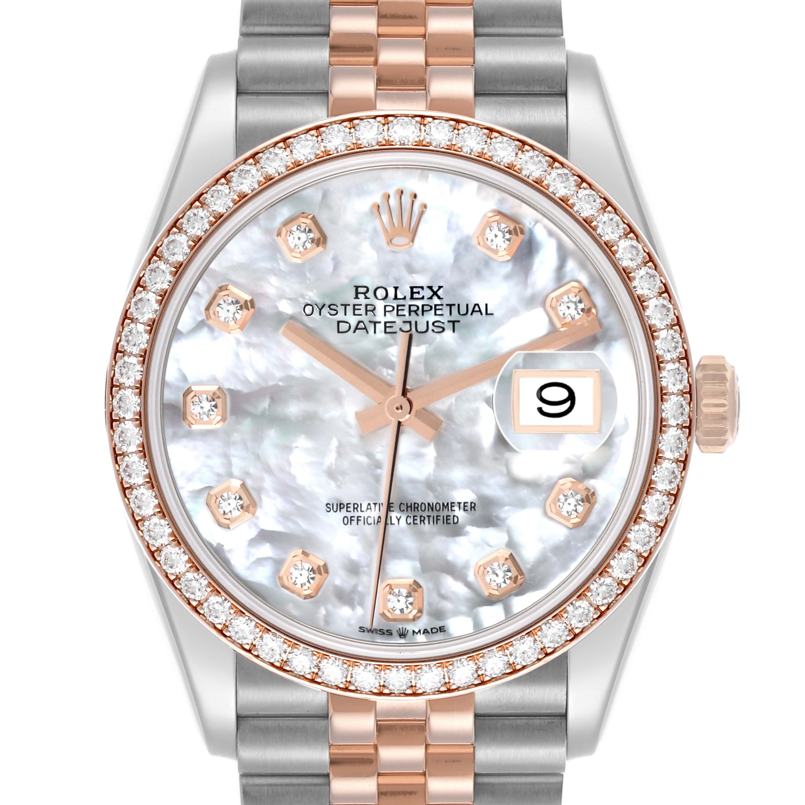 The image shows a front view of a Rolex Datejust 126281RBR Men's Steel and Gold (two tone) Mother of Pearl Dial 126281RBR Men's Steel and Gold (two tone) Mother of Pearl Dial watch, featuring a diamond bezel and mother-of-pearl dial.
