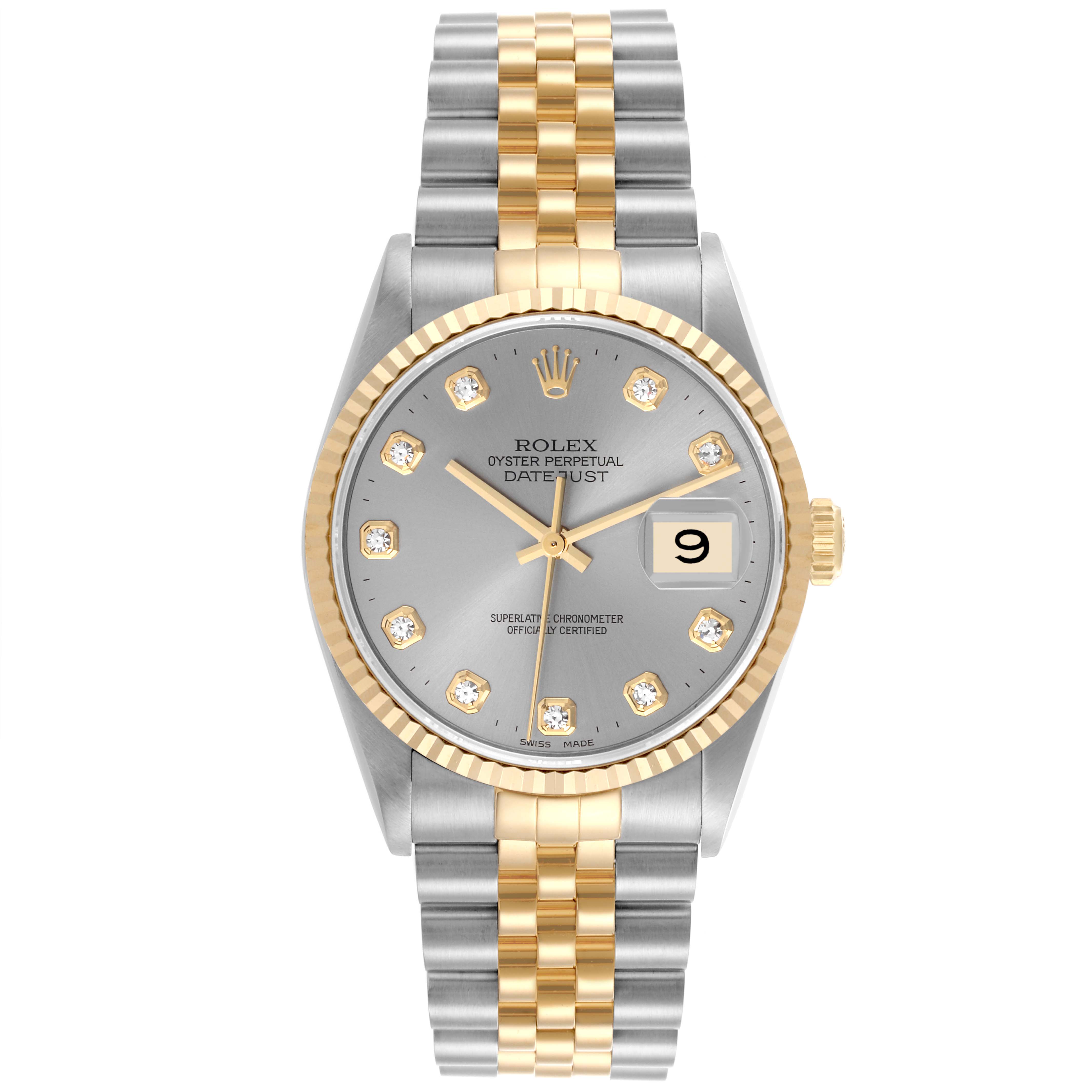 The Rolex Datejust 16233 Men's Steel and Gold (two tone) Silver Dial 16233 Men's Steel and Gold (two tone) Silver Dial watch is shown from a front angle, displaying the dial, bezel, hands, and bracelet.