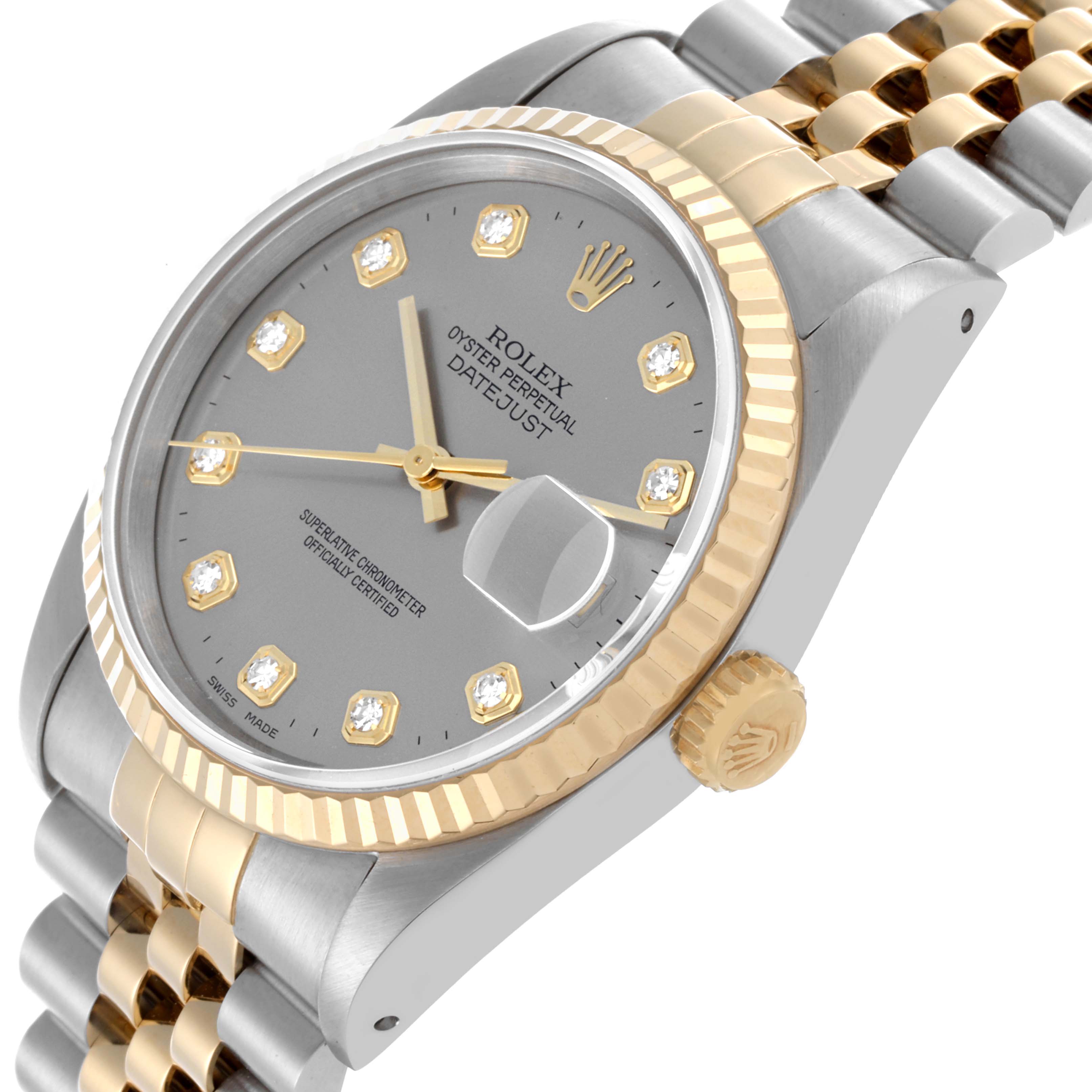 The Rolex Datejust 16233 Men's Steel and Gold (two tone) Silver Dial 16233 Men's Steel and Gold (two tone) Silver Dial watch is shown at an angled side view, revealing the dial, bezel, and part of the bracelet.