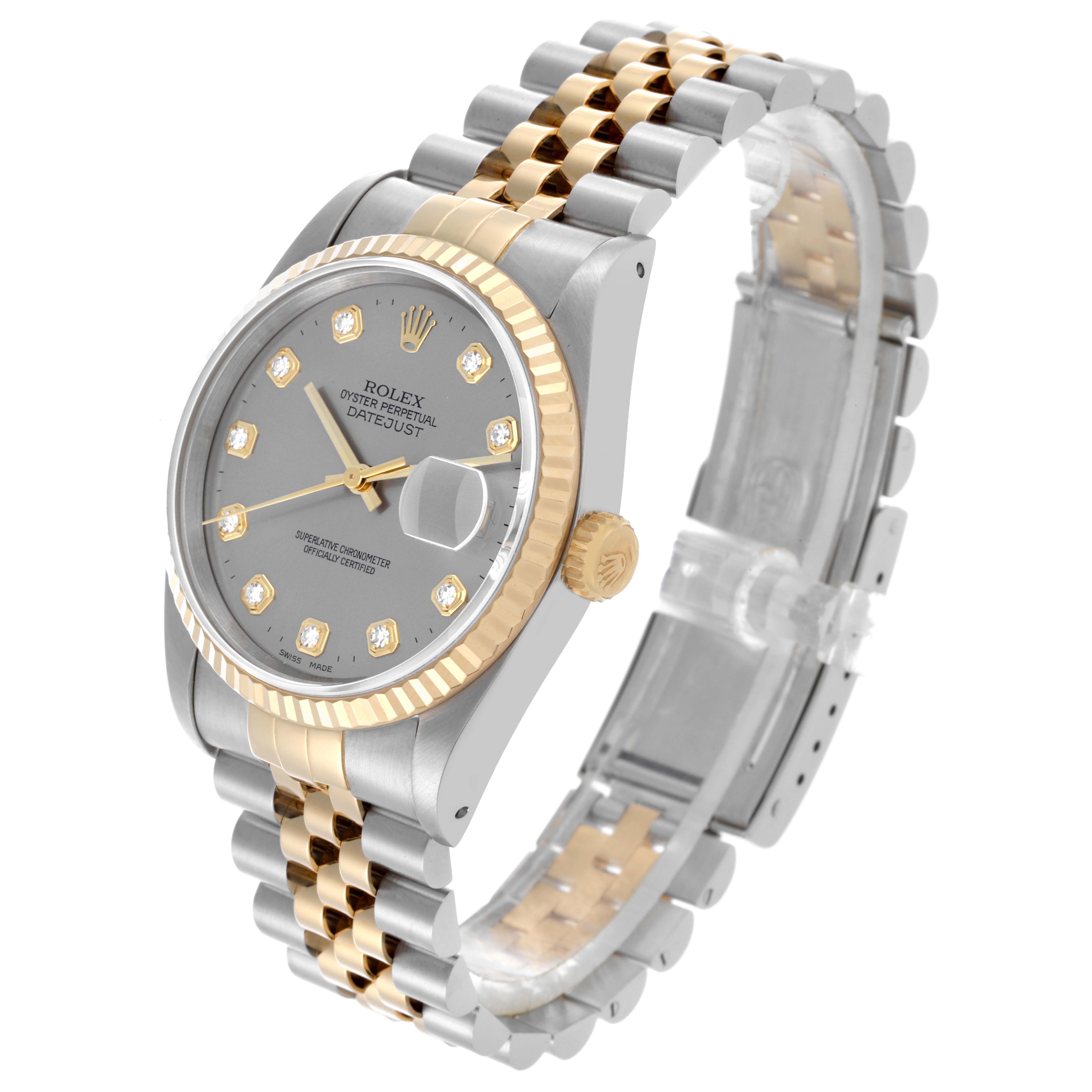 The Rolex Datejust 16233 Men's Steel and Gold (two tone) Silver Dial 16233 Men's Steel and Gold (two tone) Silver Dial watch is shown at an angled top view, highlighting its face, bezel, crown, and Jubilee bracelet.