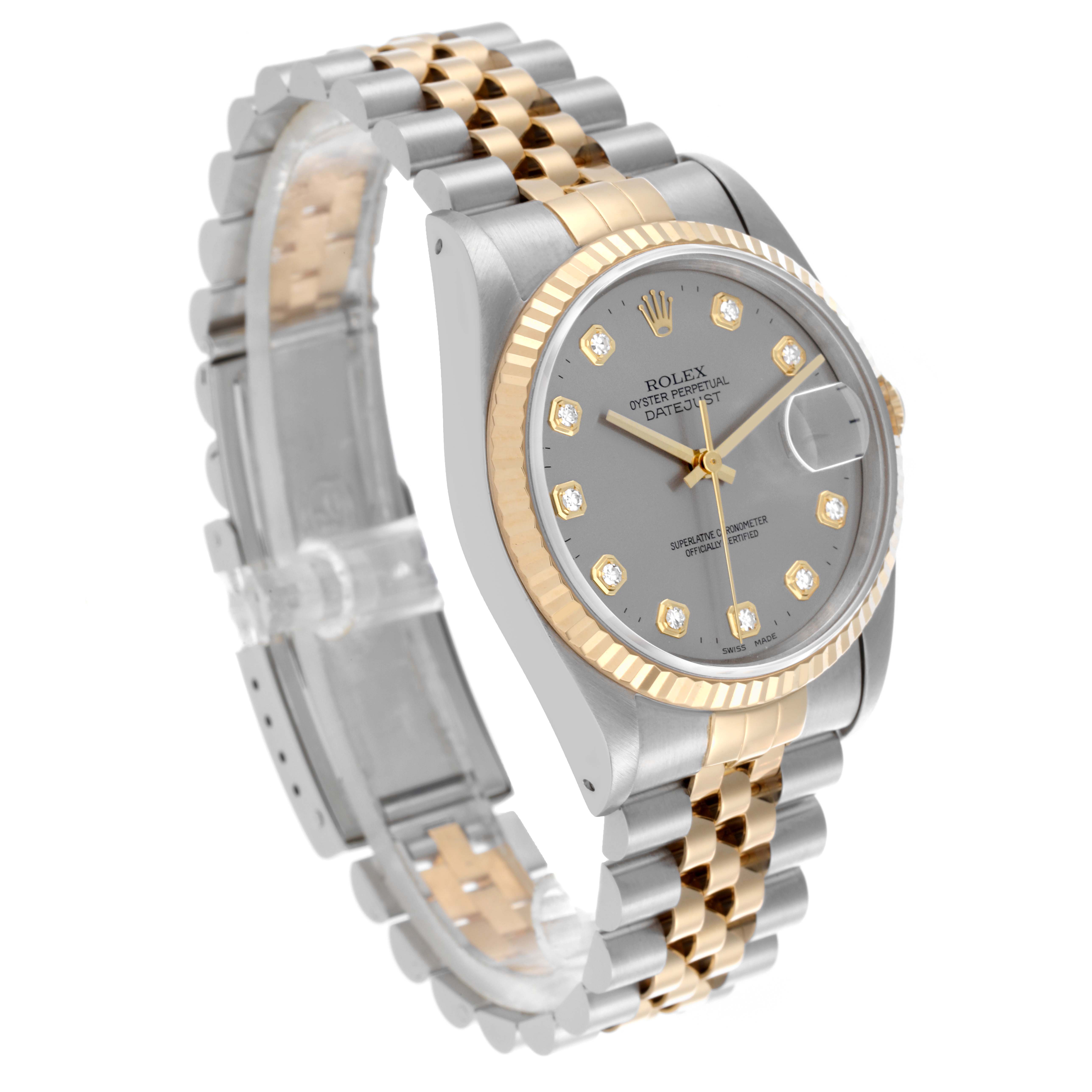 The Rolex Datejust 16233 Men's Steel and Gold (two tone) Silver Dial 16233 Men's Steel and Gold (two tone) Silver Dial watch is shown at an angle highlighting the face, bezel, and two-tone bracelet.