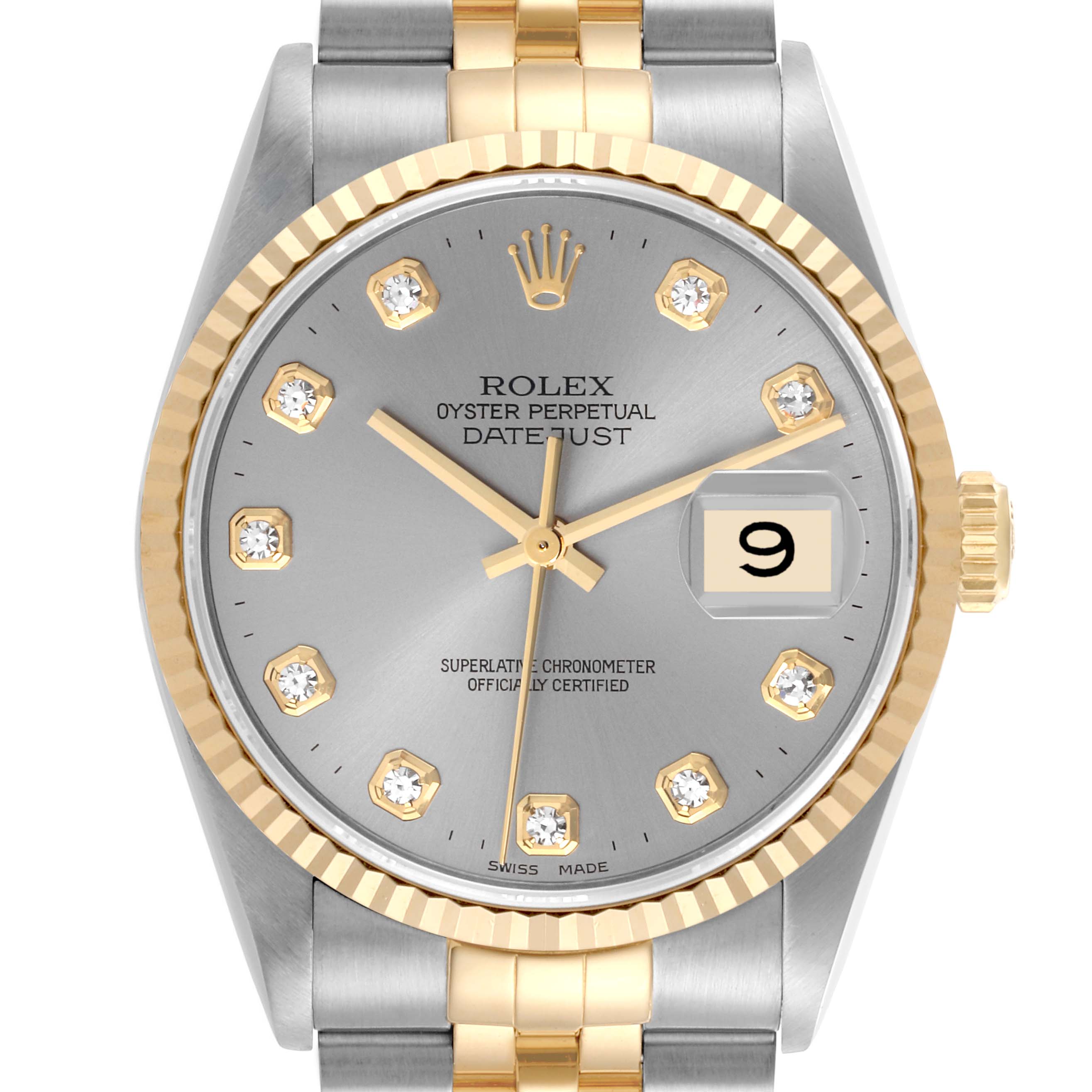 The Rolex Datejust 16233 Men's Steel and Gold (two tone) Silver Dial 16233 Men's Steel and Gold (two tone) Silver Dial watch is shown from the front, highlighting the gold and silver bezel, dial, and bracelet.