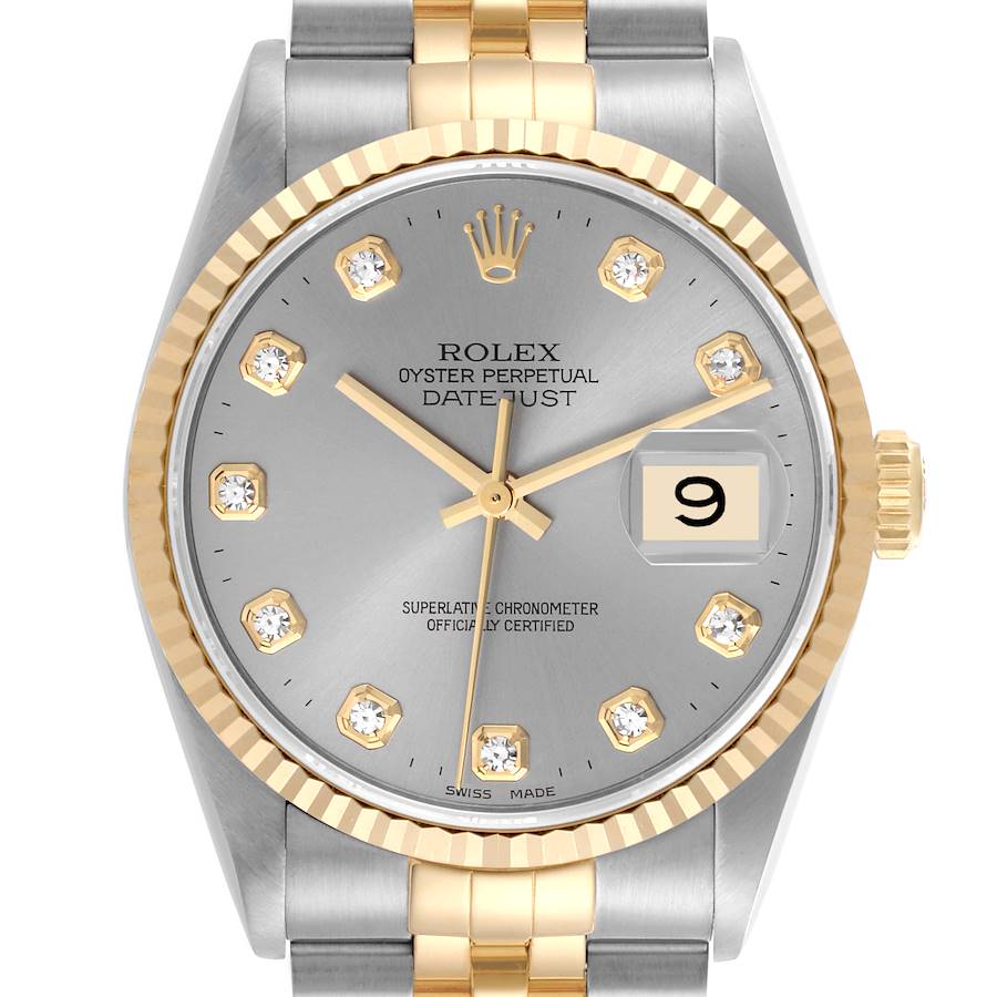 The Rolex Datejust watch is shown from the front, highlighting the gold and silver bezel, dial, and bracelet.