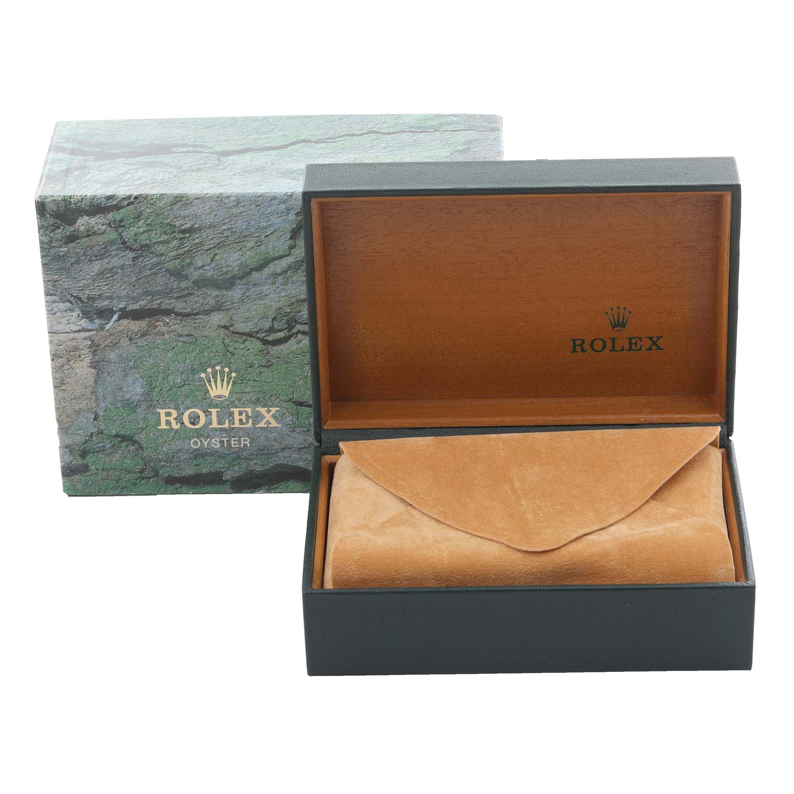 The image shows a Rolex Datejust 16233 Men's Steel and Gold (two tone) Silver Dial 16233 Men's Steel and Gold (two tone) Silver Dial box with an open view, displaying an inner case and an outer box.