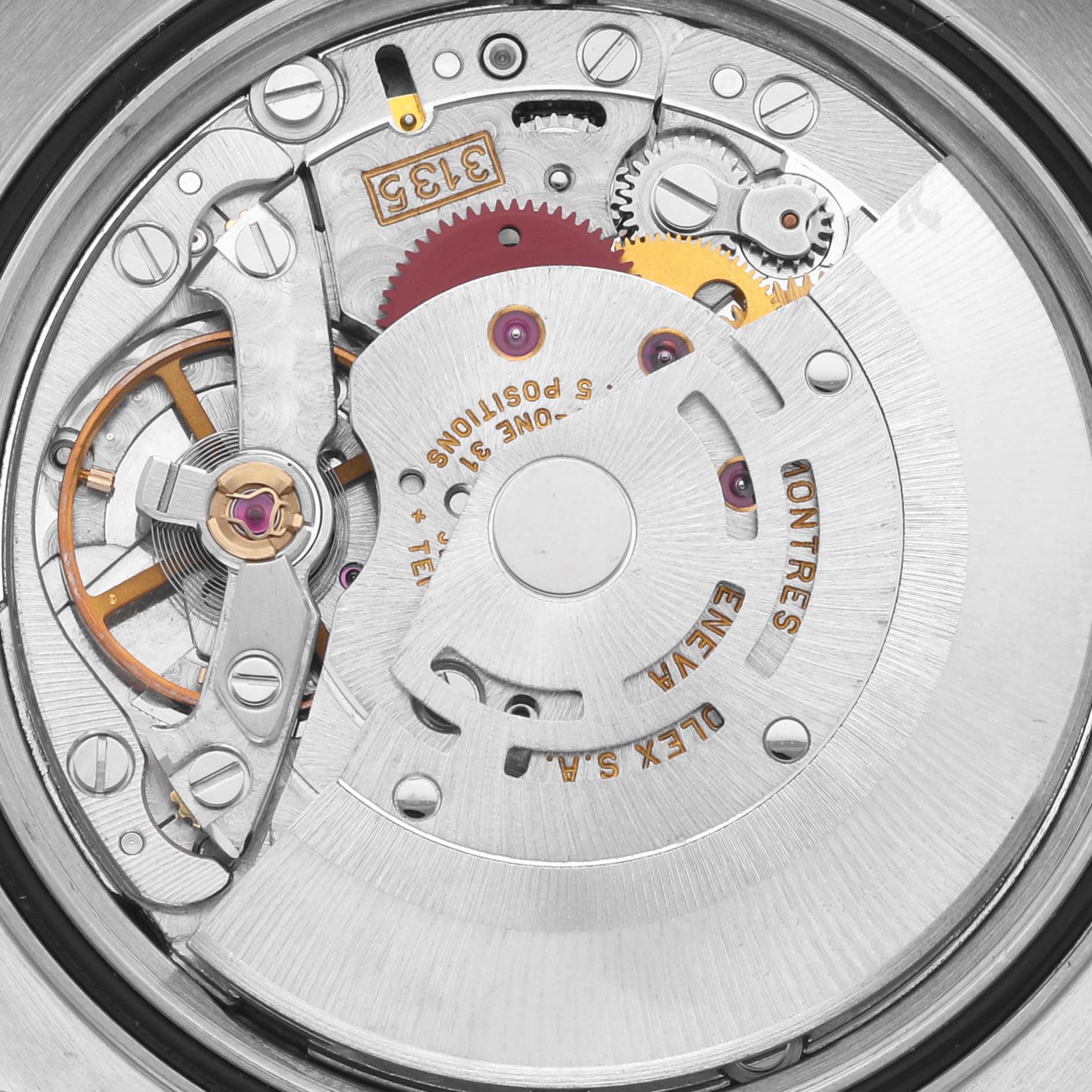 The image shows the intricate movement of a Rolex Datejust 16233 Men's Steel and Gold (two tone) Silver Dial 16233 Men's Steel and Gold (two tone) Silver Dial watch from a back or inner angle, highlighting its mechanical components.