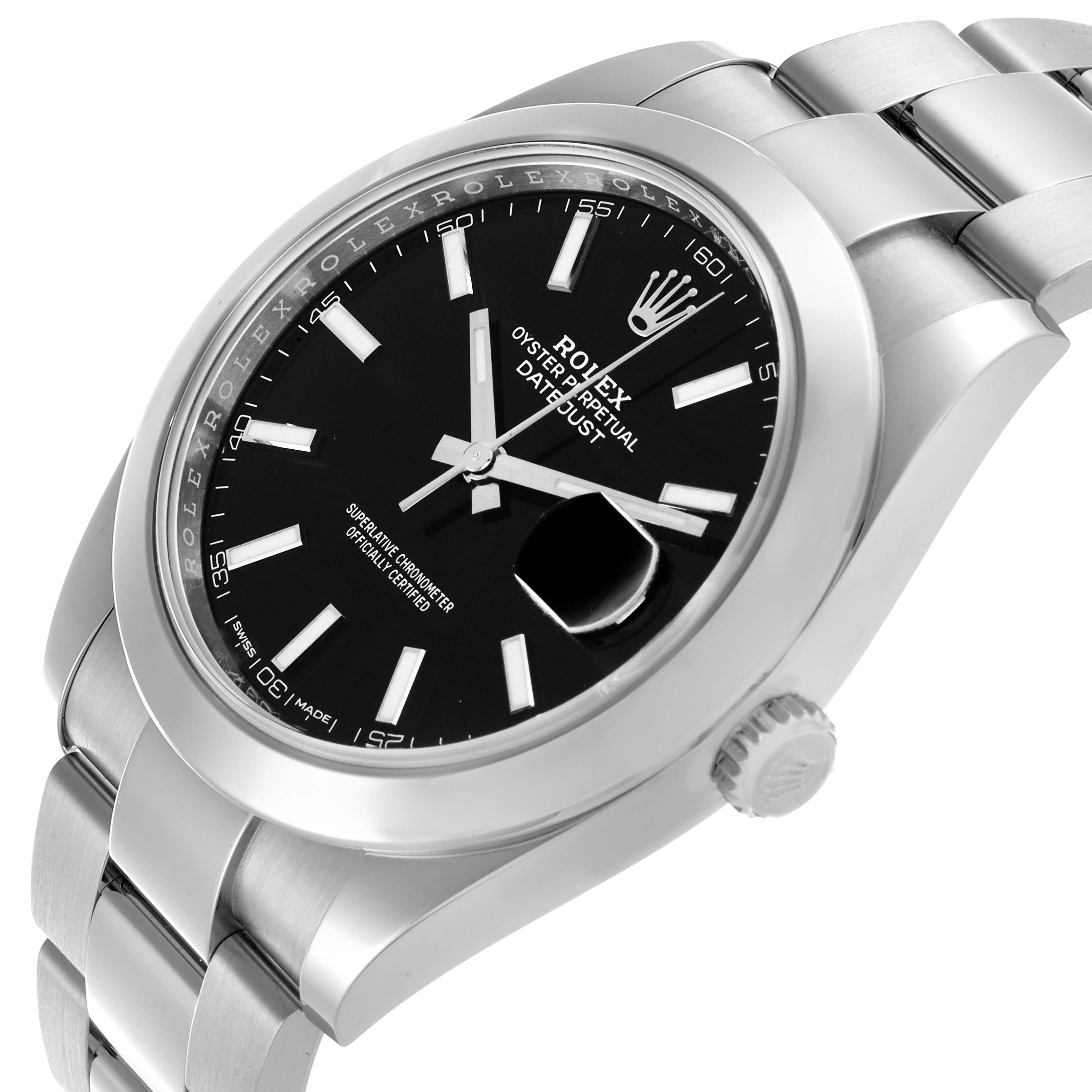 The Rolex Datejust 41 126300 Men's Stainless Steel Black Dial 126300 Men's Stainless Steel Black Dial is shown at an angled close-up, displaying the face, bezel, crown, bracelet, and cyclops date window.