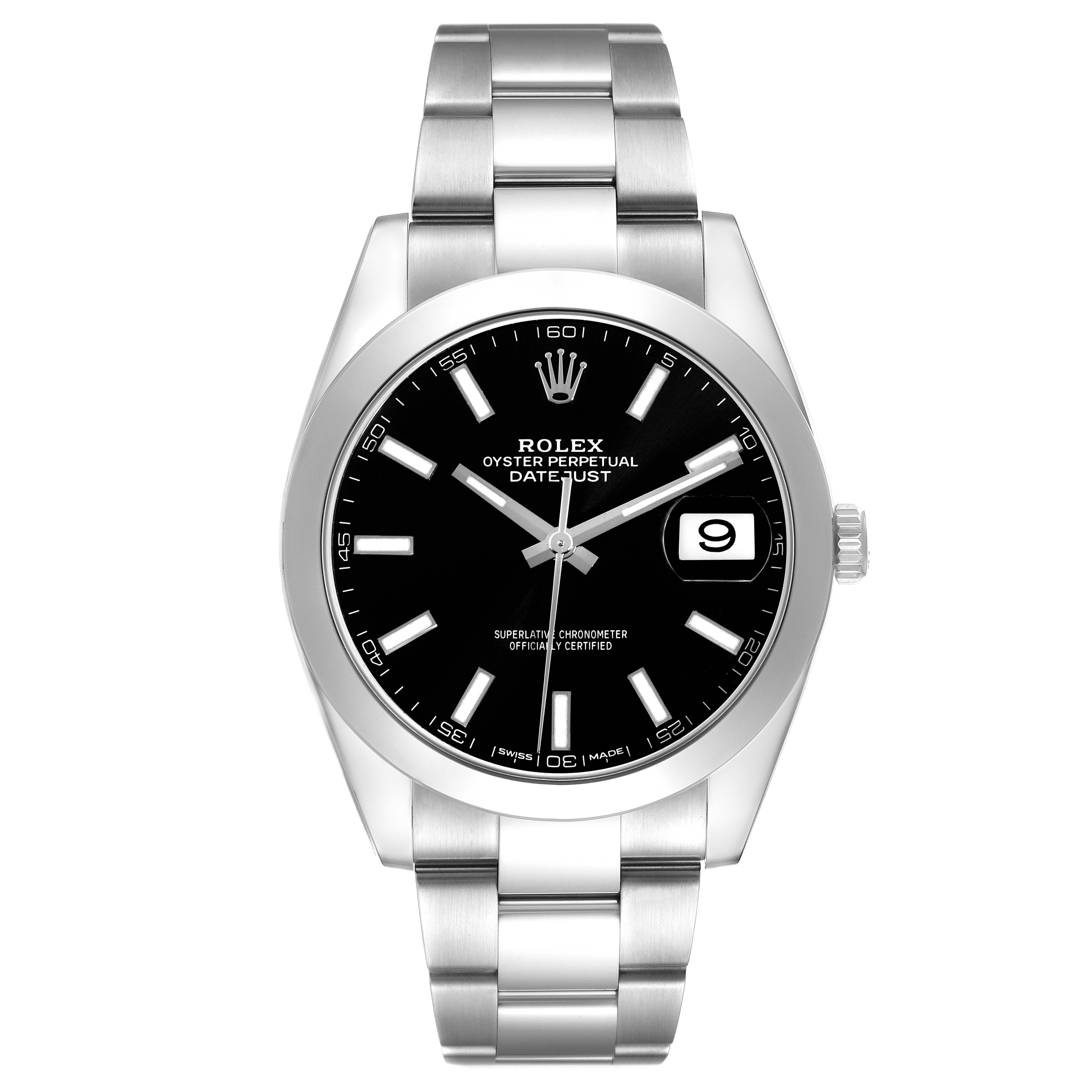 The image shows a front view of the Rolex Datejust 41 126300 Men's Stainless Steel Black Dial 126300 Men's Stainless Steel Black Dial, featuring its dial, hands, bracelet, and date window.