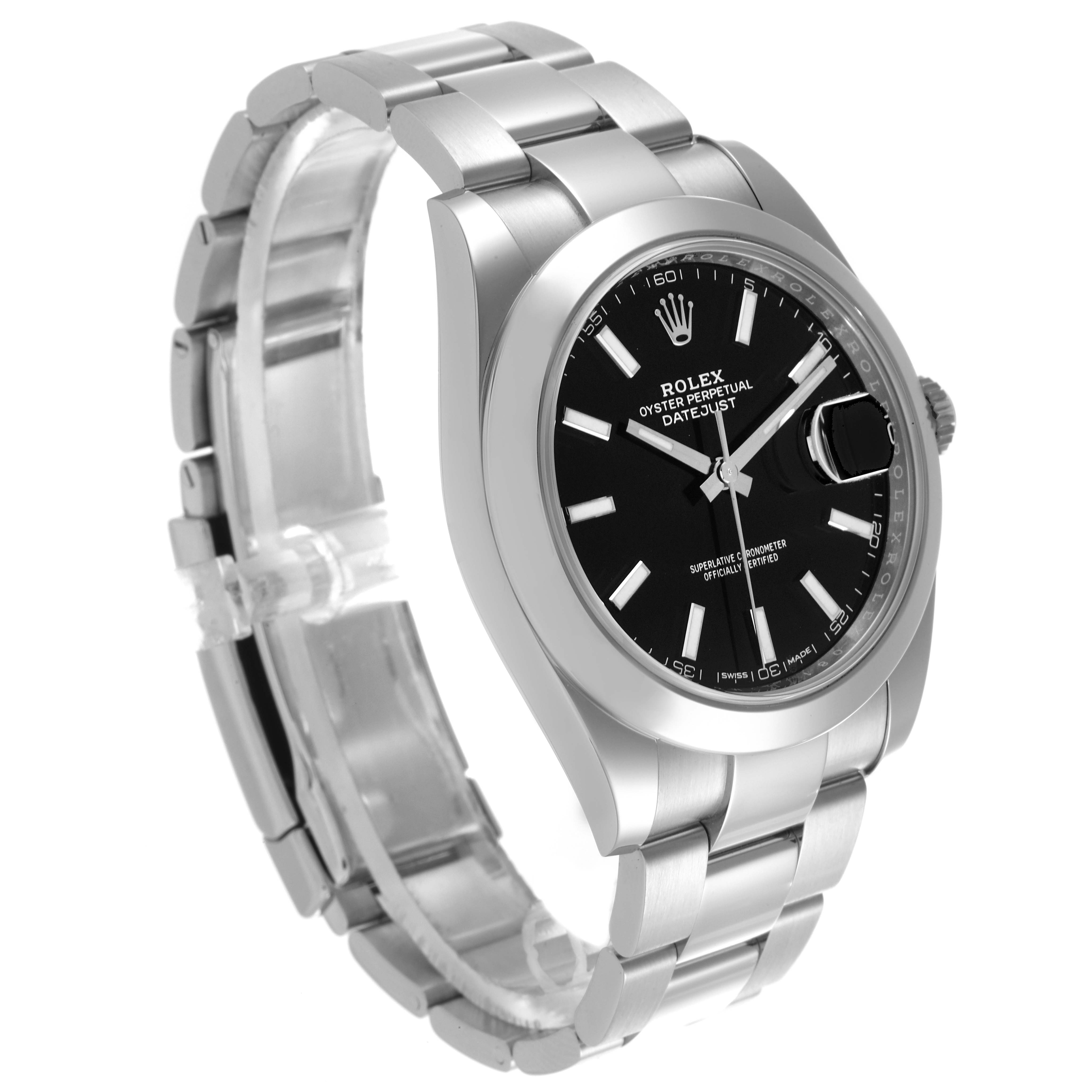 The Rolex Datejust 41 126300 Men's Stainless Steel Black Dial 126300 Men's Stainless Steel Black Dial is shown at a slight angle highlighting the black dial, bezel, and metal bracelet.