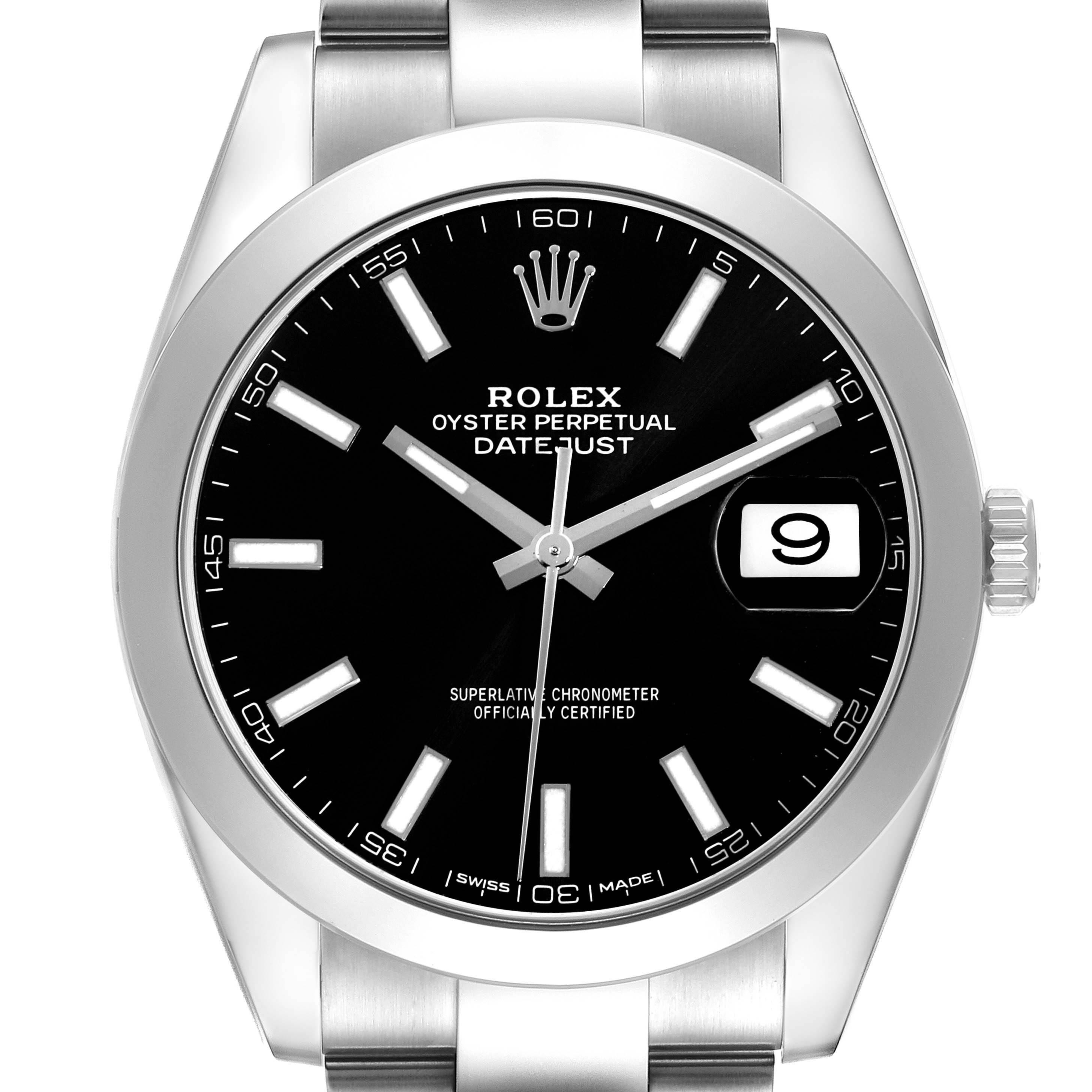 The Rolex Datejust 41 126300 Men's Stainless Steel Black Dial 126300 Men's Stainless Steel Black Dial watch is shown from the front, highlighting its black dial, date window, and stainless steel case.