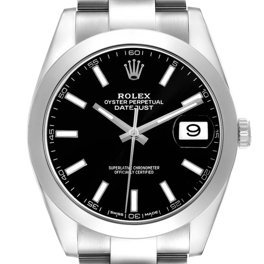 The Rolex Datejust 41 watch is shown from the front, highlighting its black dial, date window, and stainless steel case.