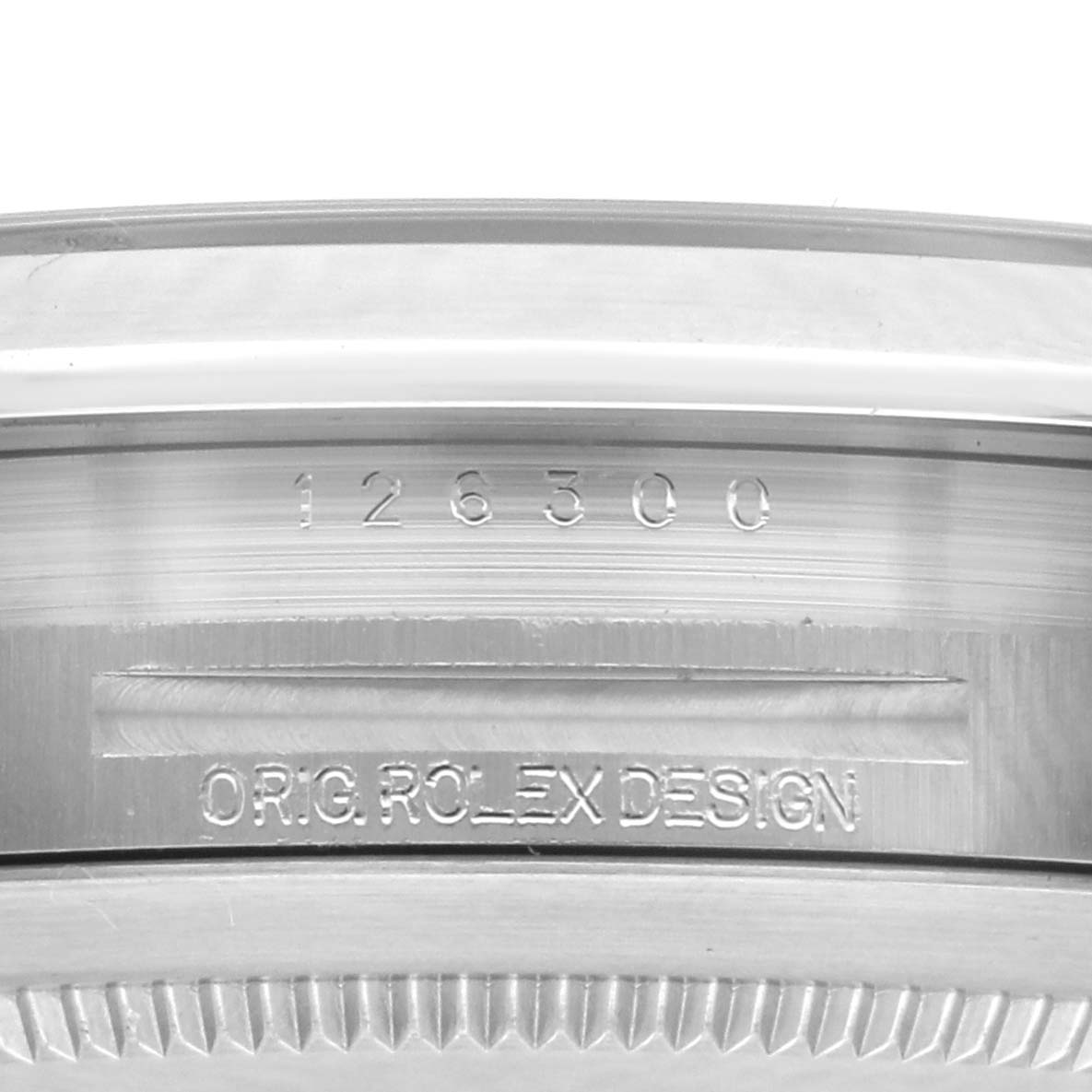 The image shows the side of the Rolex Datejust 41 126300 Men's Stainless Steel Black Dial 126300 Men's Stainless Steel Black Dial's case with engraved model numbers and "ORIG ROLEX DESIGN".