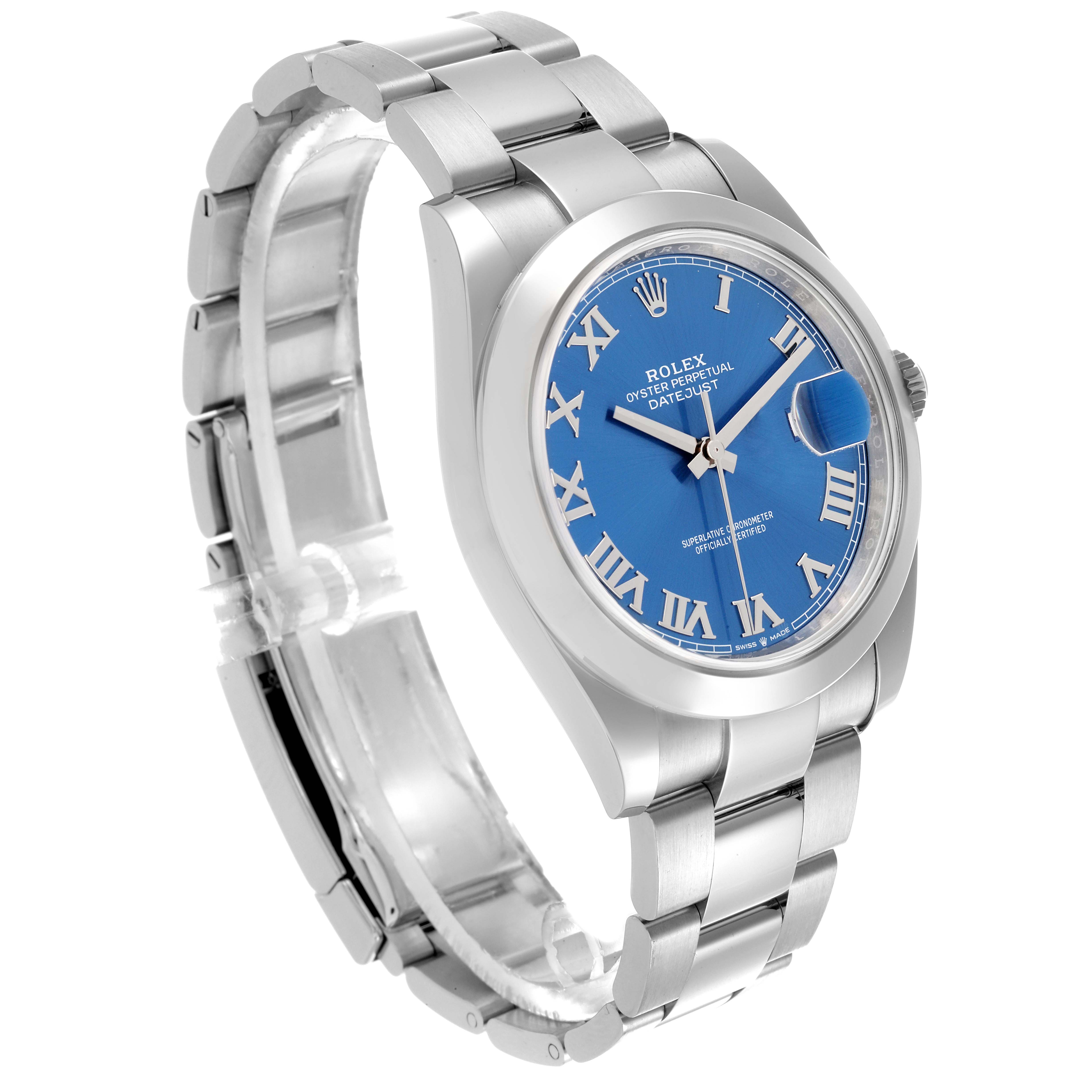 The Rolex Datejust 41 126300 Men's Stainless Steel Blue Dial 126300 Men's Stainless Steel Blue Dial is shown at an angle highlighting the dial, bezel, and part of the bracelet.