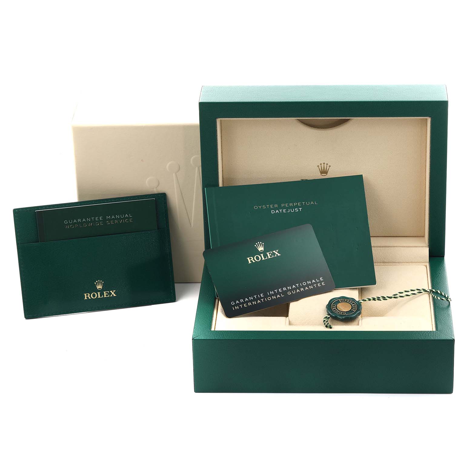 The image shows a Rolex Datejust 41 126300 Men's Stainless Steel Blue Dial 126300 Men's Stainless Steel Blue Dial box, manuals, a guarantee card, and a tag.