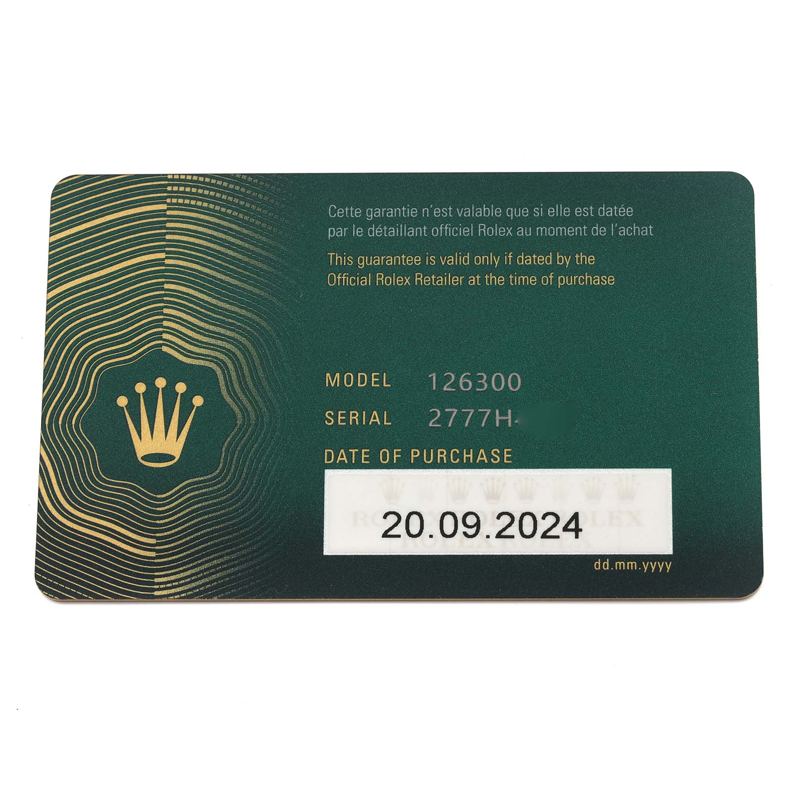 The image shows a warranty card for the Rolex Datejust 41 126300 Men's Stainless Steel Blue Dial 126300 Men's Stainless Steel Blue Dial model, featuring model and serial numbers.