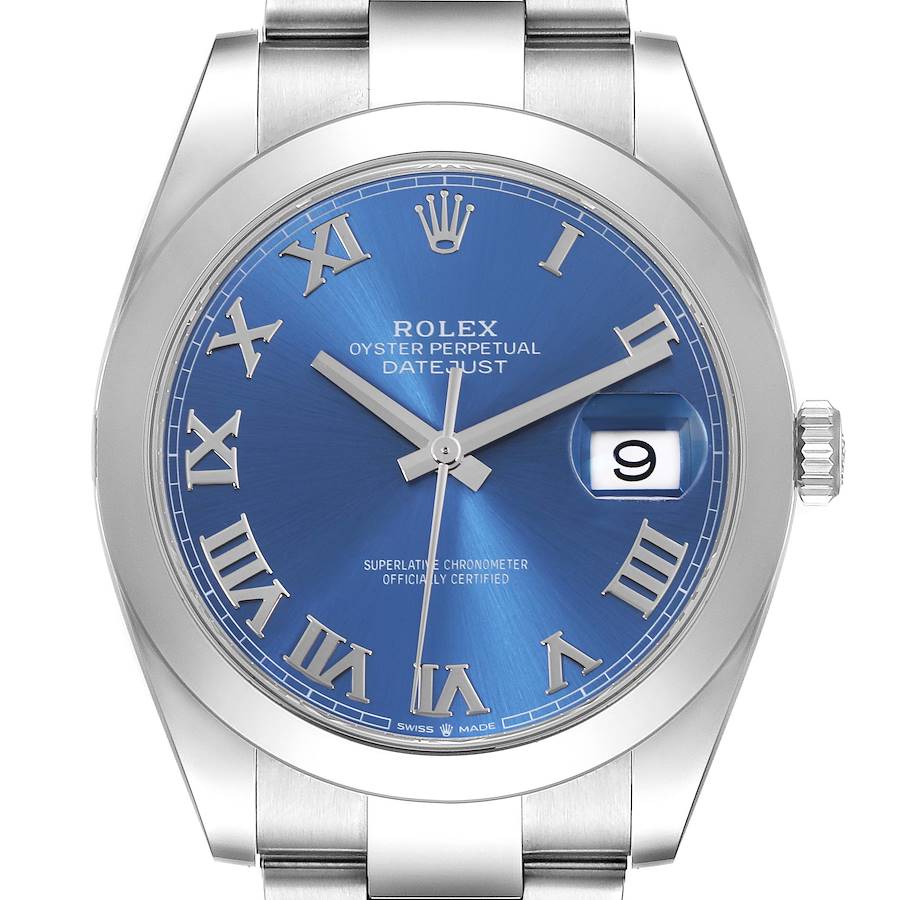 The Rolex Datejust 41 watch is shown from a front angle, highlighting the blue dial, Roman numerals, and date window.