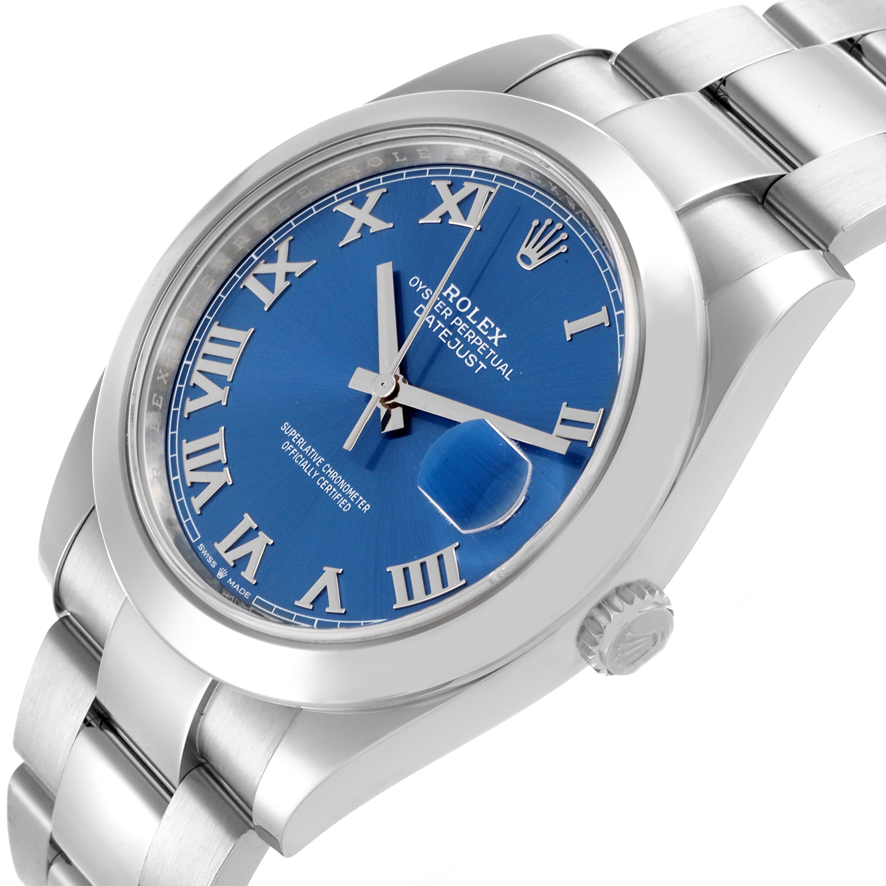 The Rolex Datejust 41 126300 Men's Stainless Steel Blue Dial 126300 Men's Stainless Steel Blue Dial is shown at an angled view, highlighting the blue dial, Roman numerals, bracelet, and side crown.