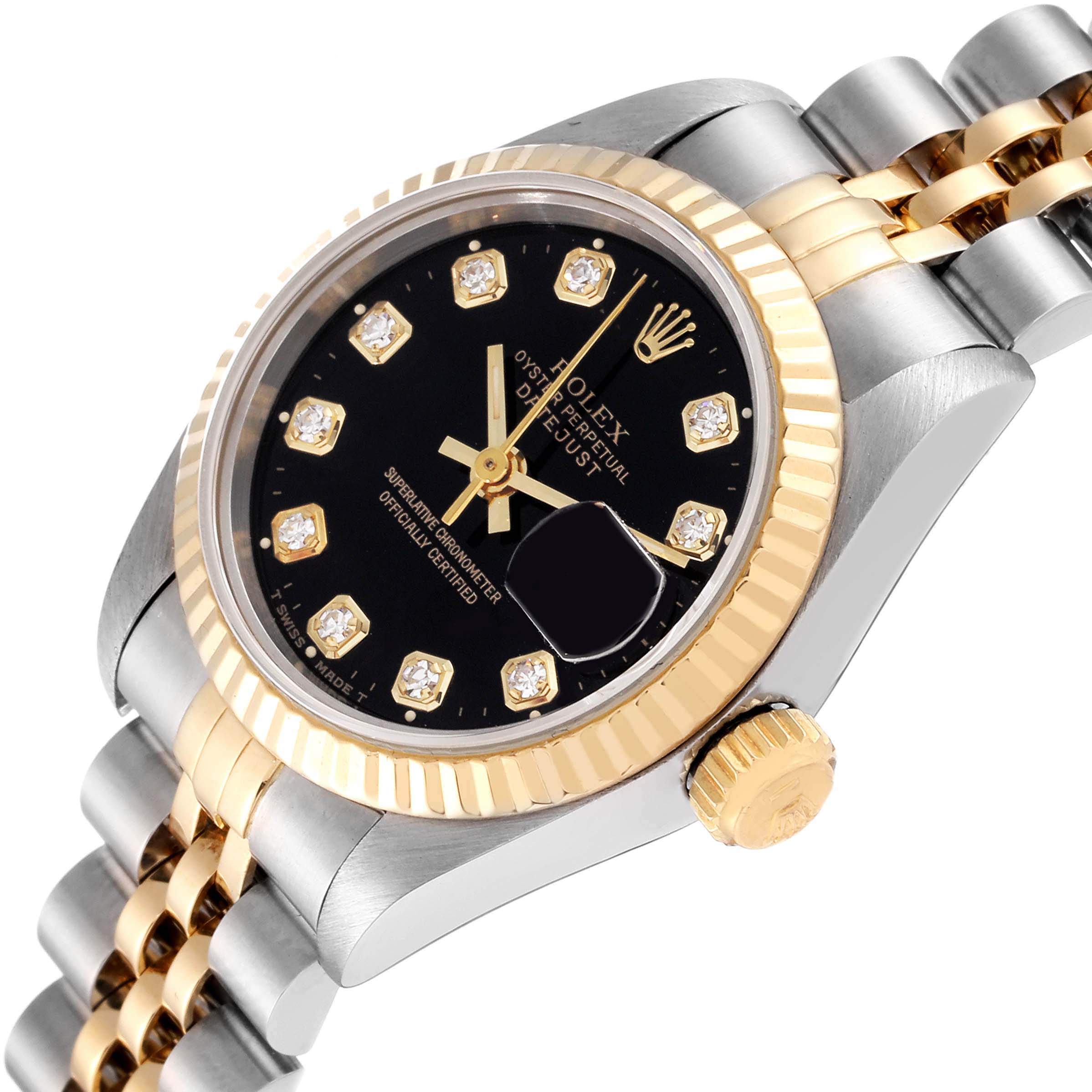 The Rolex Datejust 69173 Women's Steel and Gold (two tone) Black Dial 69173 Women's Steel and Gold (two tone) Black Dial watch is shown at an angled view, displaying its black dial with diamond hour markers, fluted bezel, and two-tone Jubilee bracelet.