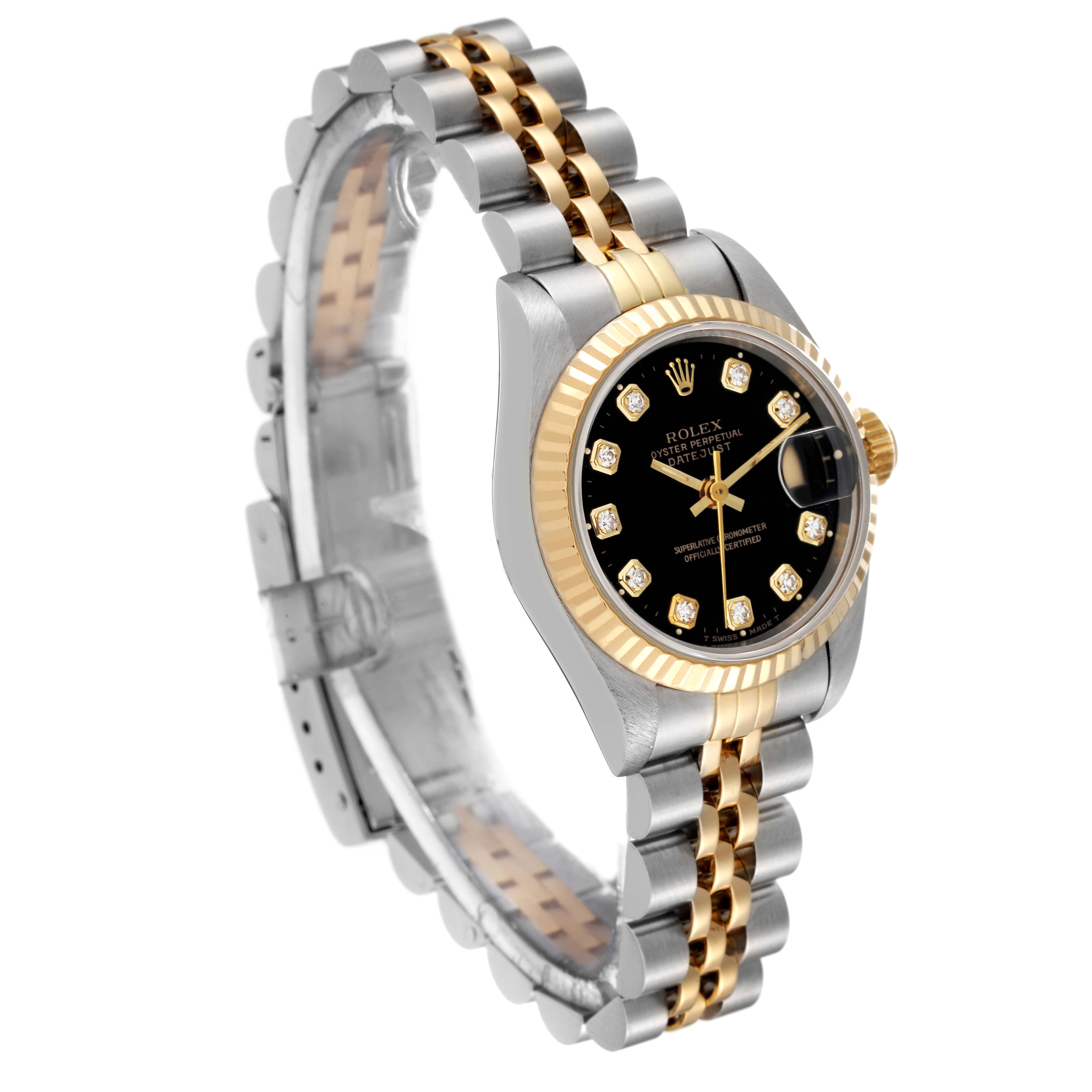 The image shows a Rolex Datejust 69173 Women's Steel and Gold (two tone) Black Dial 69173 Women's Steel and Gold (two tone) Black Dial watch at a slight angle, highlighting the bracelet, case, black dial, and gold bezel.