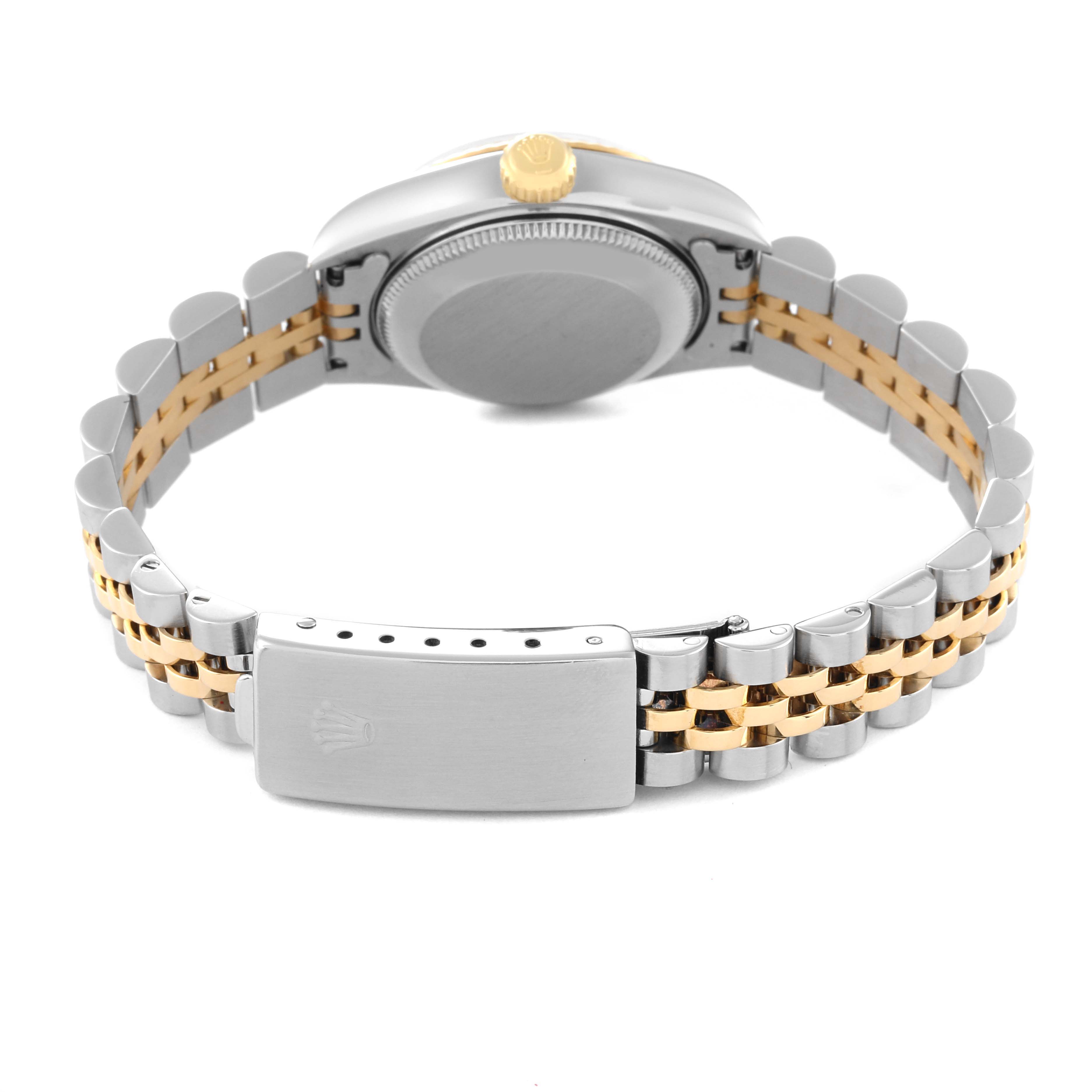 The image shows the back of the Rolex Datejust 69173 Women's Steel and Gold (two tone) Blue Dial 69173 Women's Steel and Gold (two tone) Blue Dial watch, highlighting its silver and gold Jubilee bracelet and clasp.