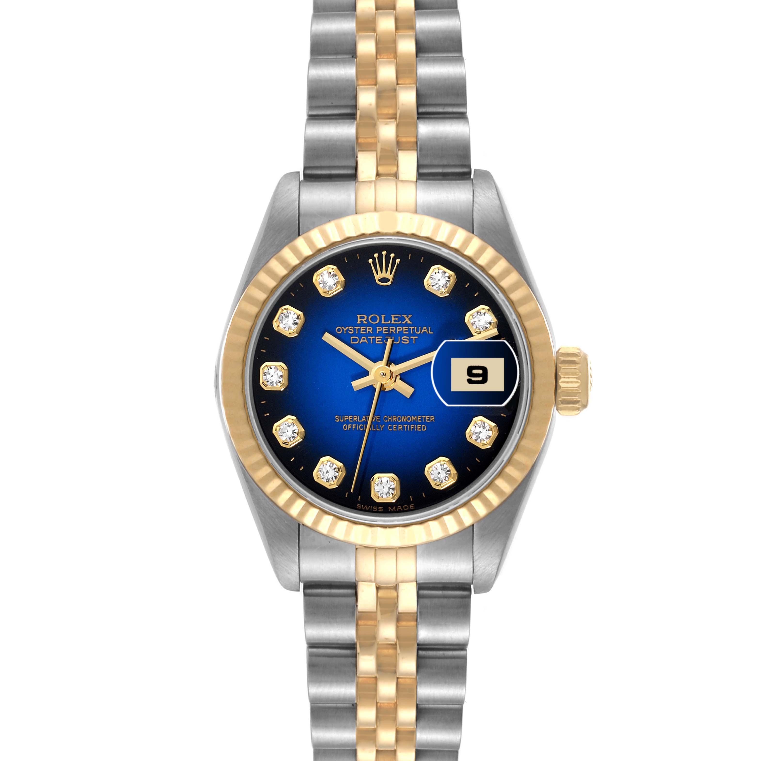 This image shows a front view of a Rolex Datejust 69173 Women's Steel and Gold (two tone) Blue Dial 69173 Women's Steel and Gold (two tone) Blue Dial watch, displaying its face, bezel, crown, and bracelet.
