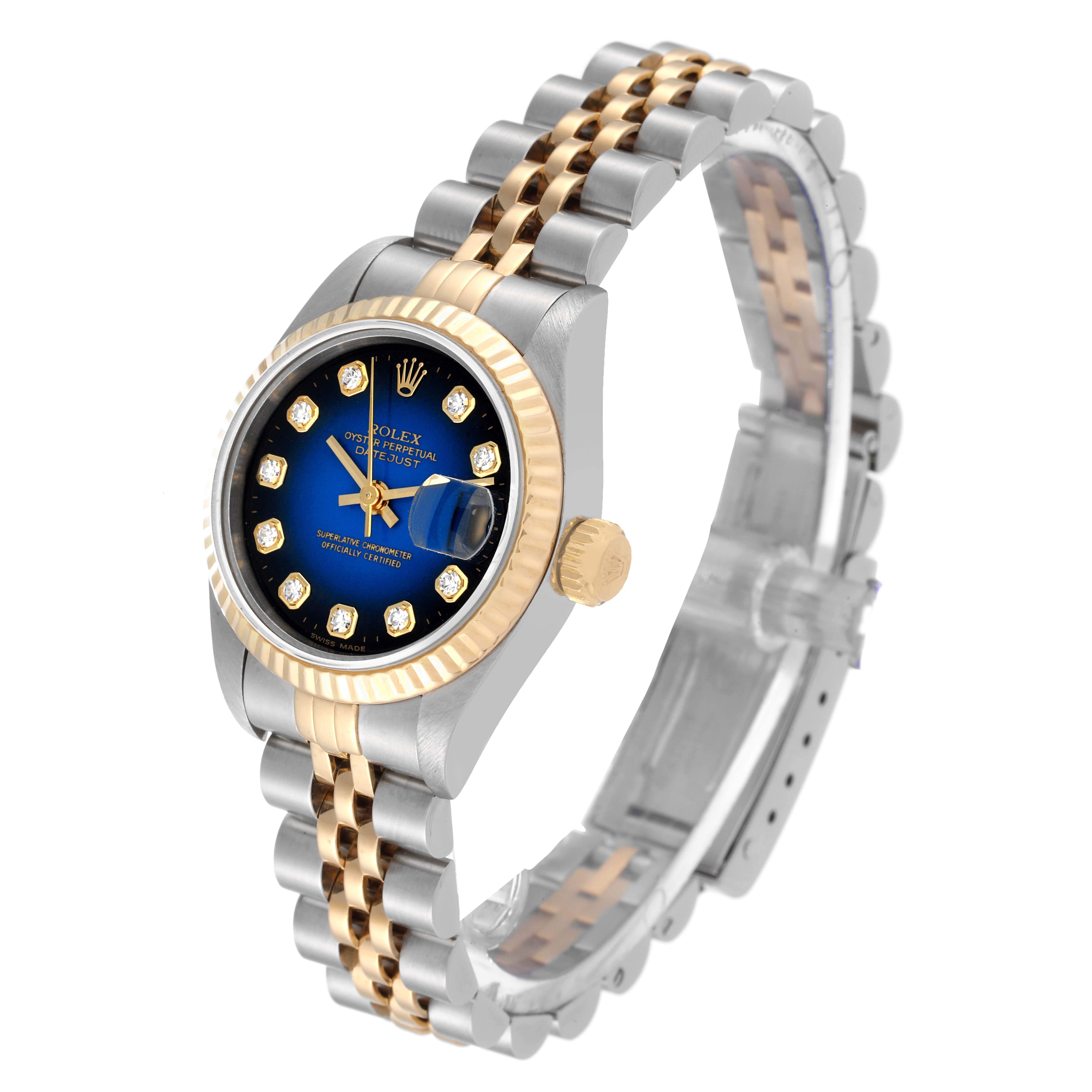This Rolex Datejust 69173 Women's Steel and Gold (two tone) Blue Dial 69173 Women's Steel and Gold (two tone) Blue Dial watch is shown at a front angle, displaying the face, bezel, and part of the bracelet.